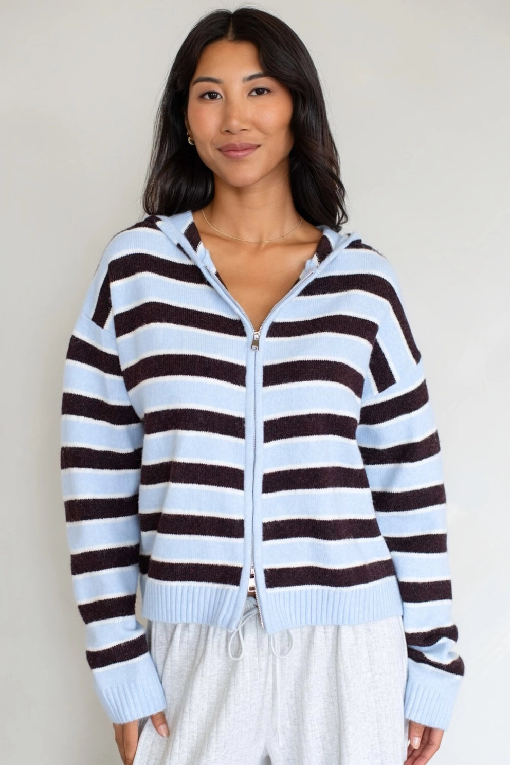 Multi-stripe zip sweater hoodie with hood, front view, light-and-dark stripes.