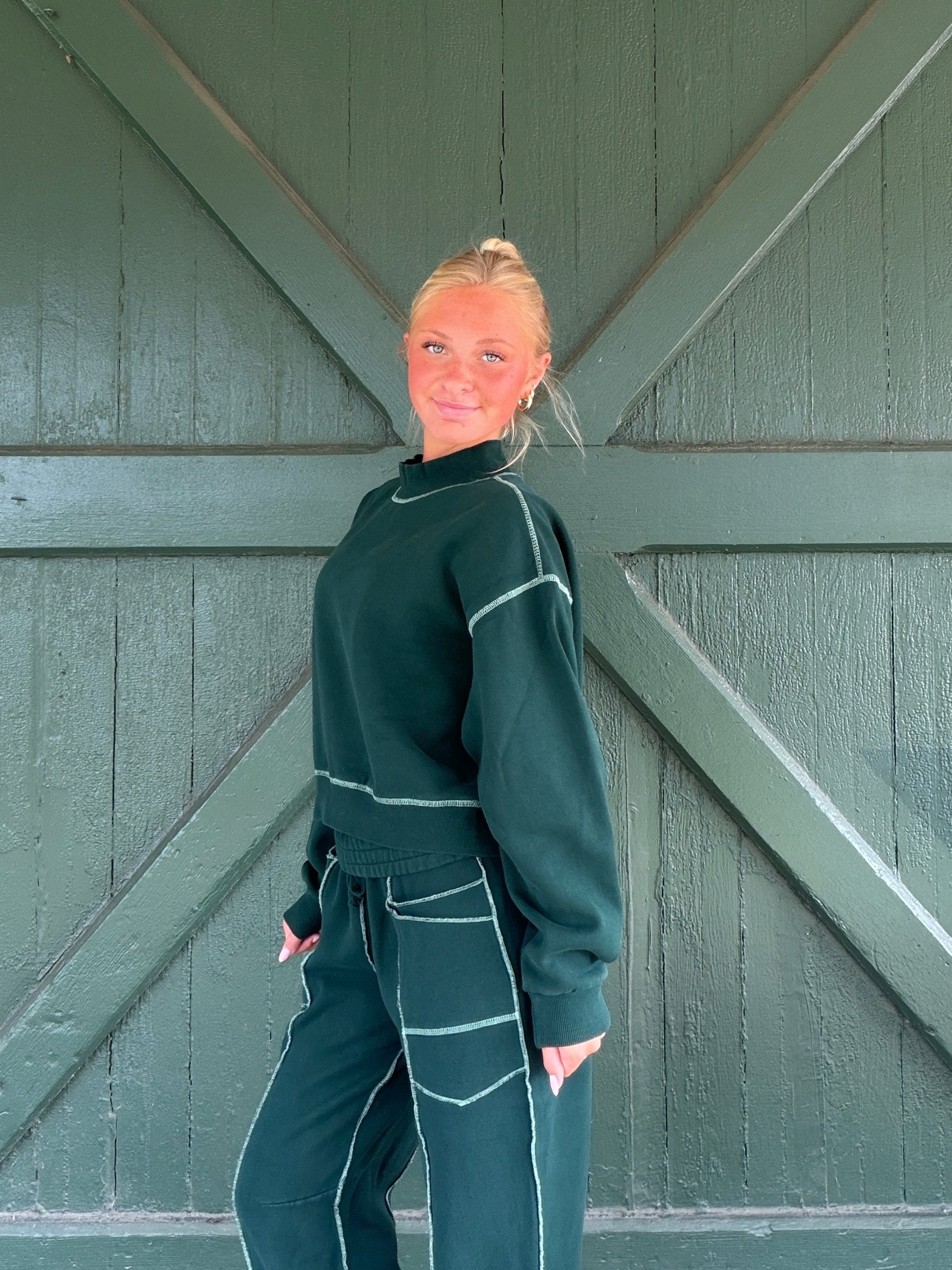 Vintage Havana Pine Green with Ivory Garment Dye Crop Mockneck with Contrast Stitching
