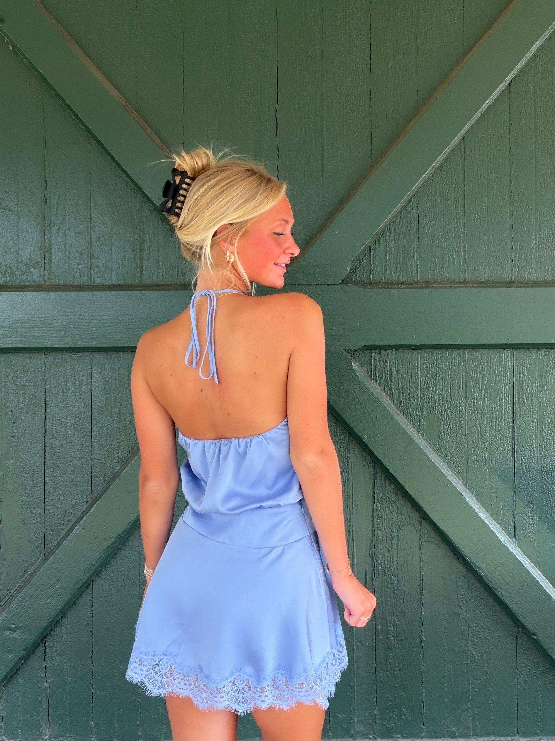 Luna Luxe Halter Dress-Cornsilk Blue