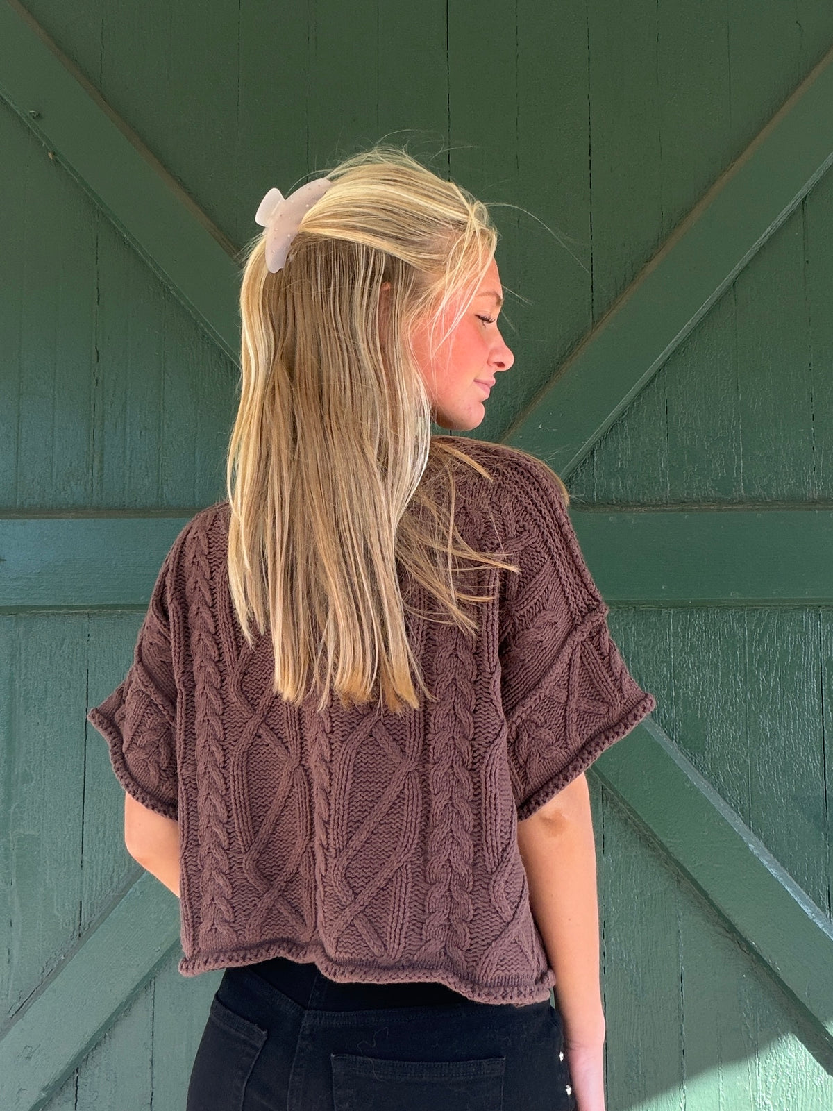 Brown cable knit short-sleeve sweater with braided diamond pattern and crew neck