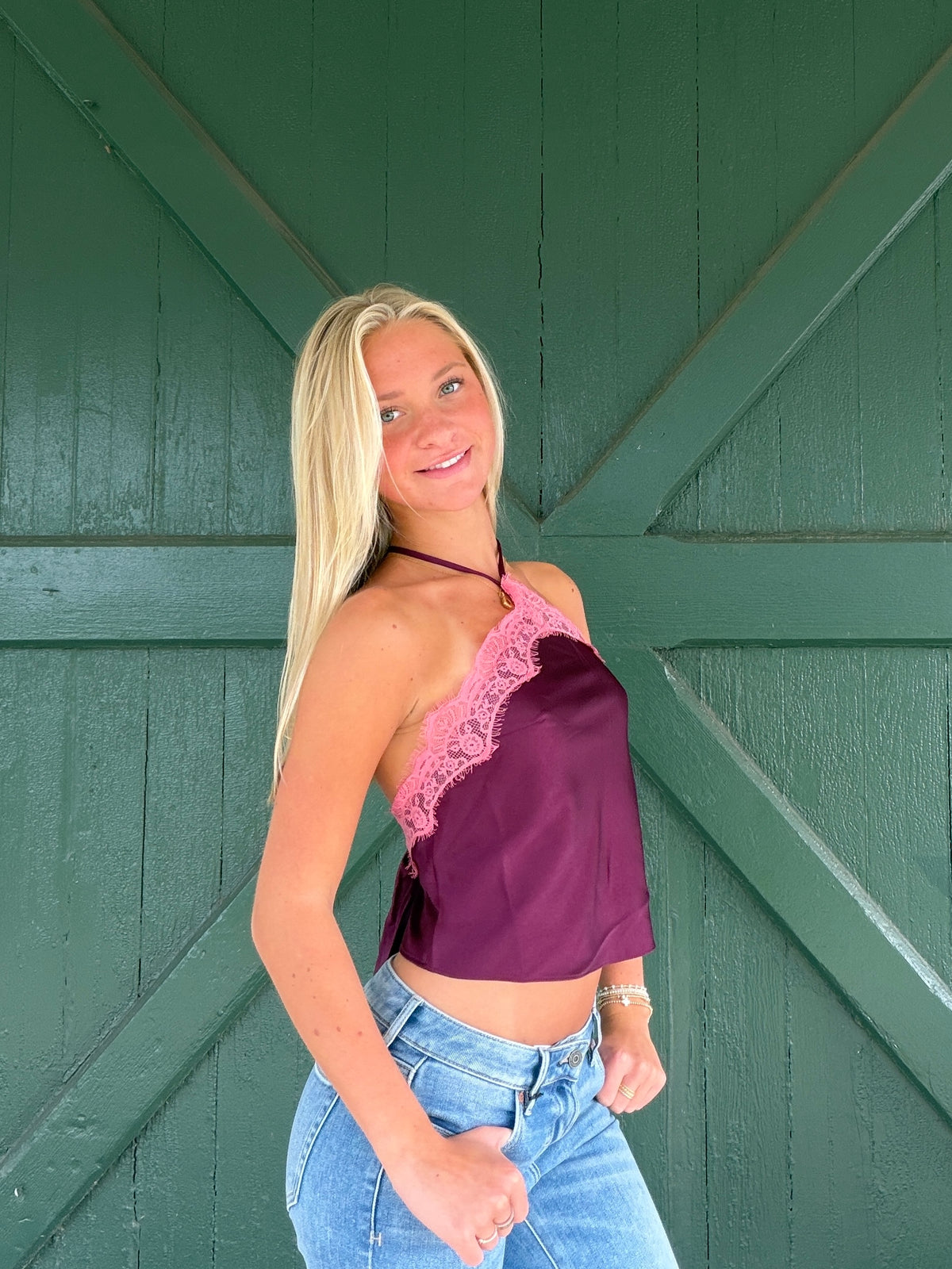 Lila Lace Trim Halter Crop Top