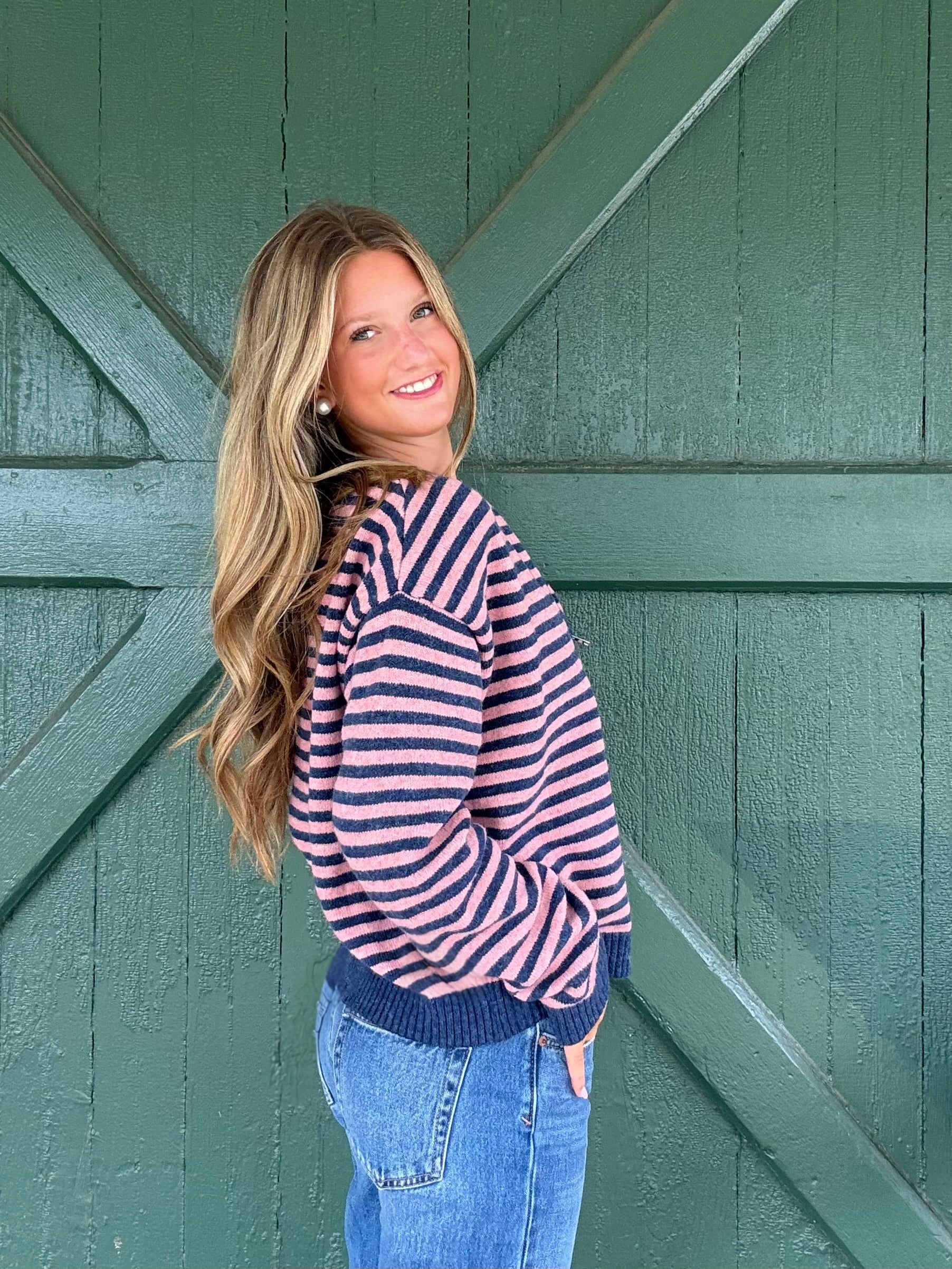 The It Girl Stripe Zip Sweater Hoodie -Denim/Pink