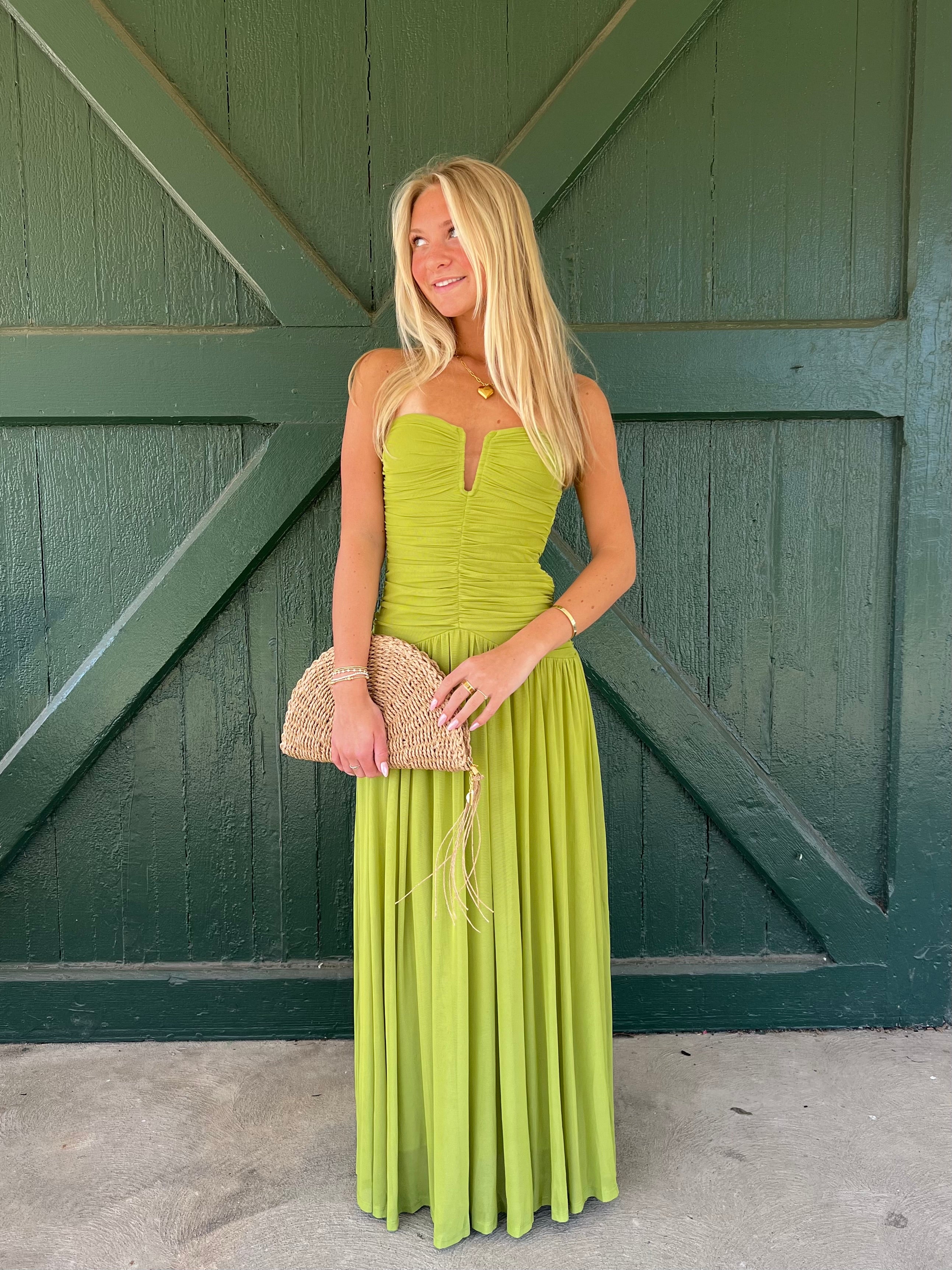 NIA Beverly Ruched Midi Dress Peridot Green Strapless Flowy Dress NIA Beverly Ruched Midi Dress Peridot Green Strapless Flowy Dress