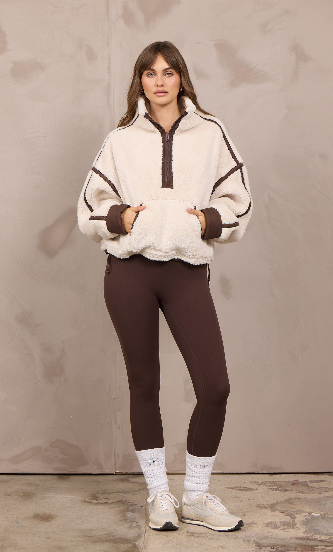 Vintage Havana Light Beige with Brown Sherpa Quarter Zip with Contrast Binding