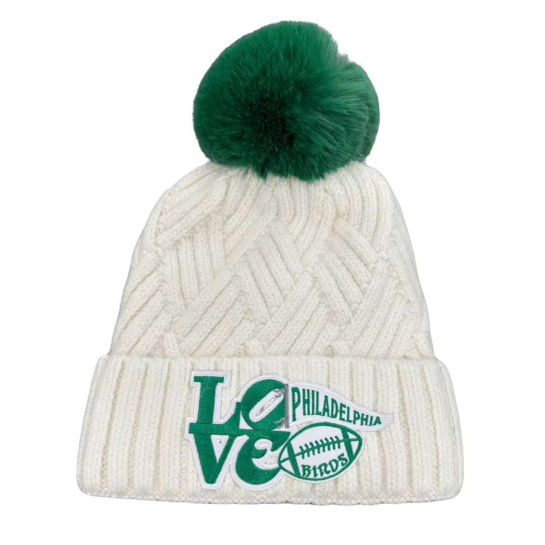 Ivory "Love Birds" Philadelphia Eagles Beanie - Green Pom Pom & Eagles Patch