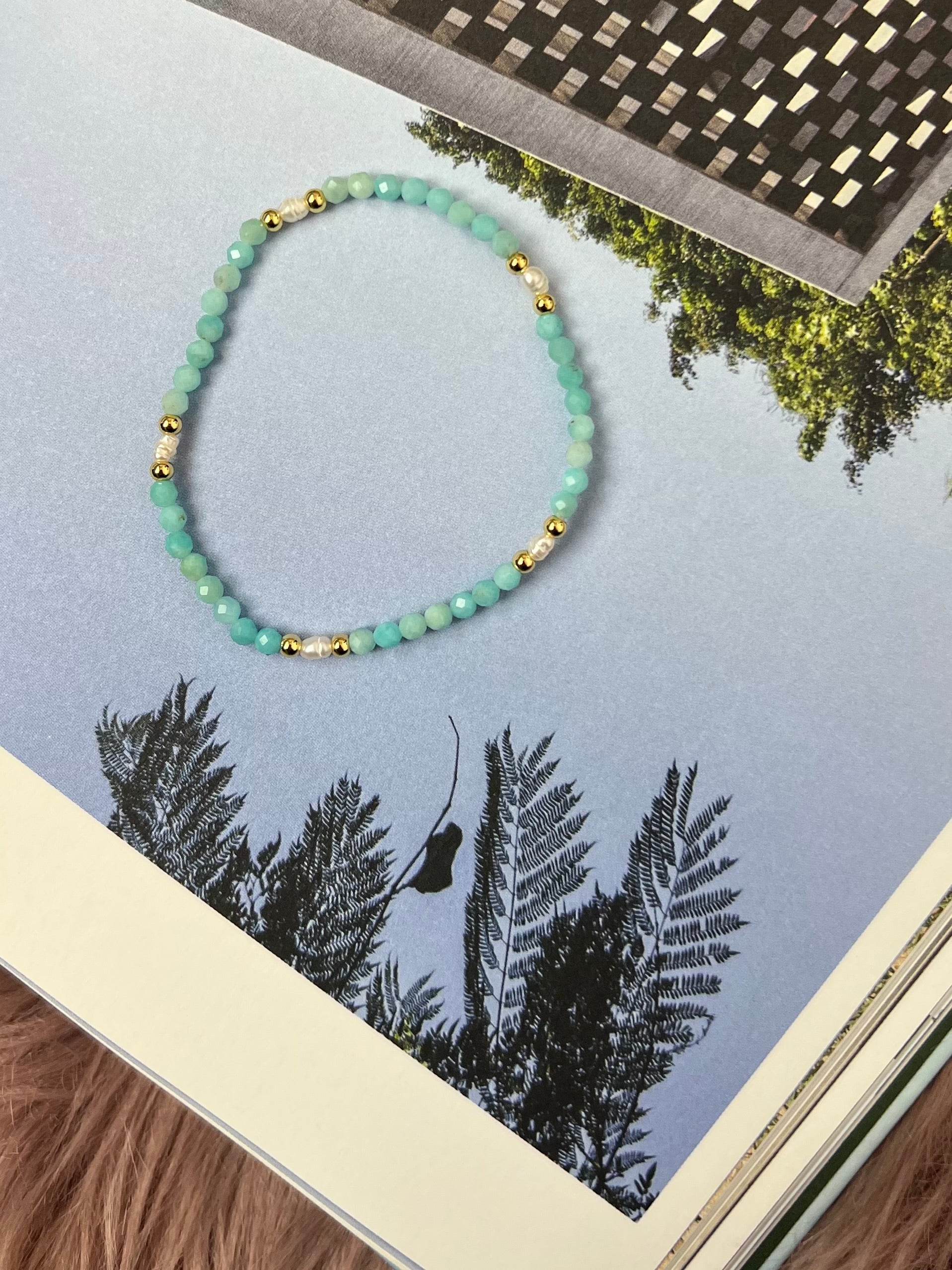 Traci Faceted Aqua and Pearl Stretch Bead Bracelet