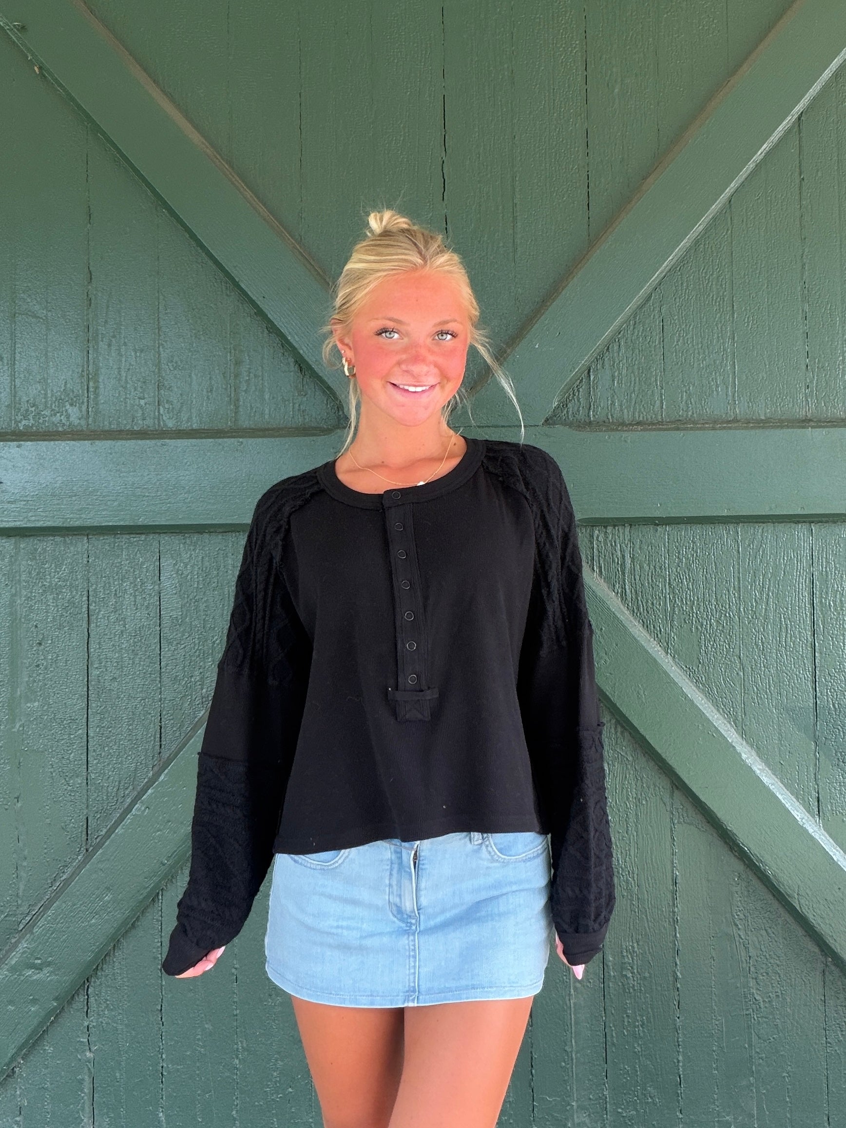 Vintage Havana Black Waffle Cable Knit Henley Top