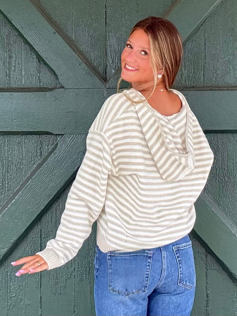 The It Girl Stripe Zip Sweater Hoodie -Latte Stripe