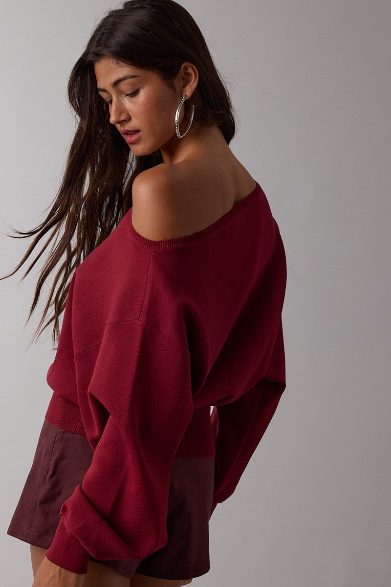 Newport Dark Red Off the Shoulder Sweater