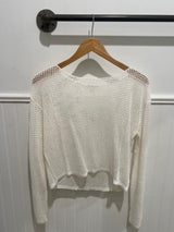 White Mesh Knit Crop Long Sleeve Top