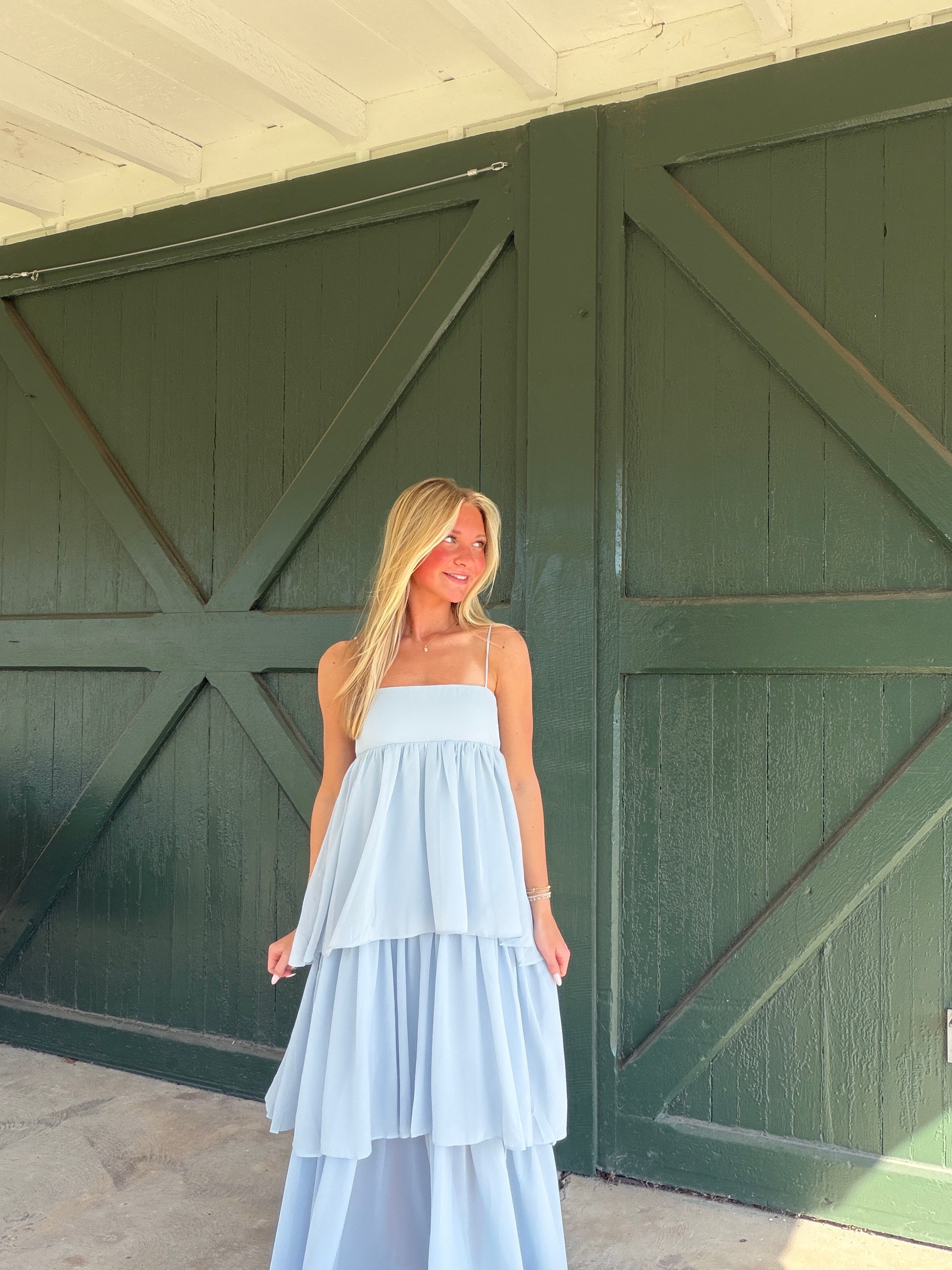 Soria Tiered Maxi Dress by NIA | Elegant Straight Neckline Occasion Dress