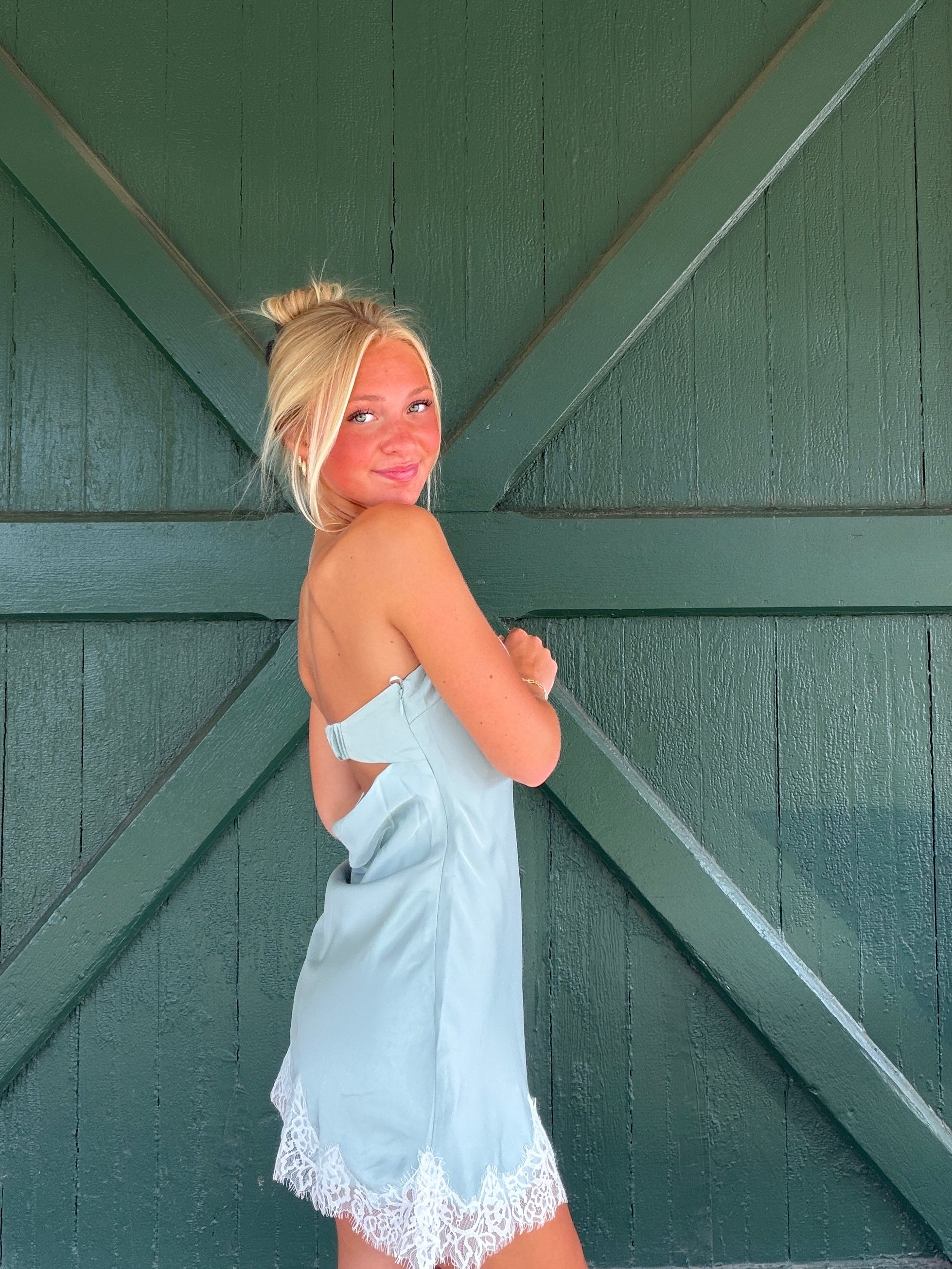 Sage Mist Lace Hem Mini Dress