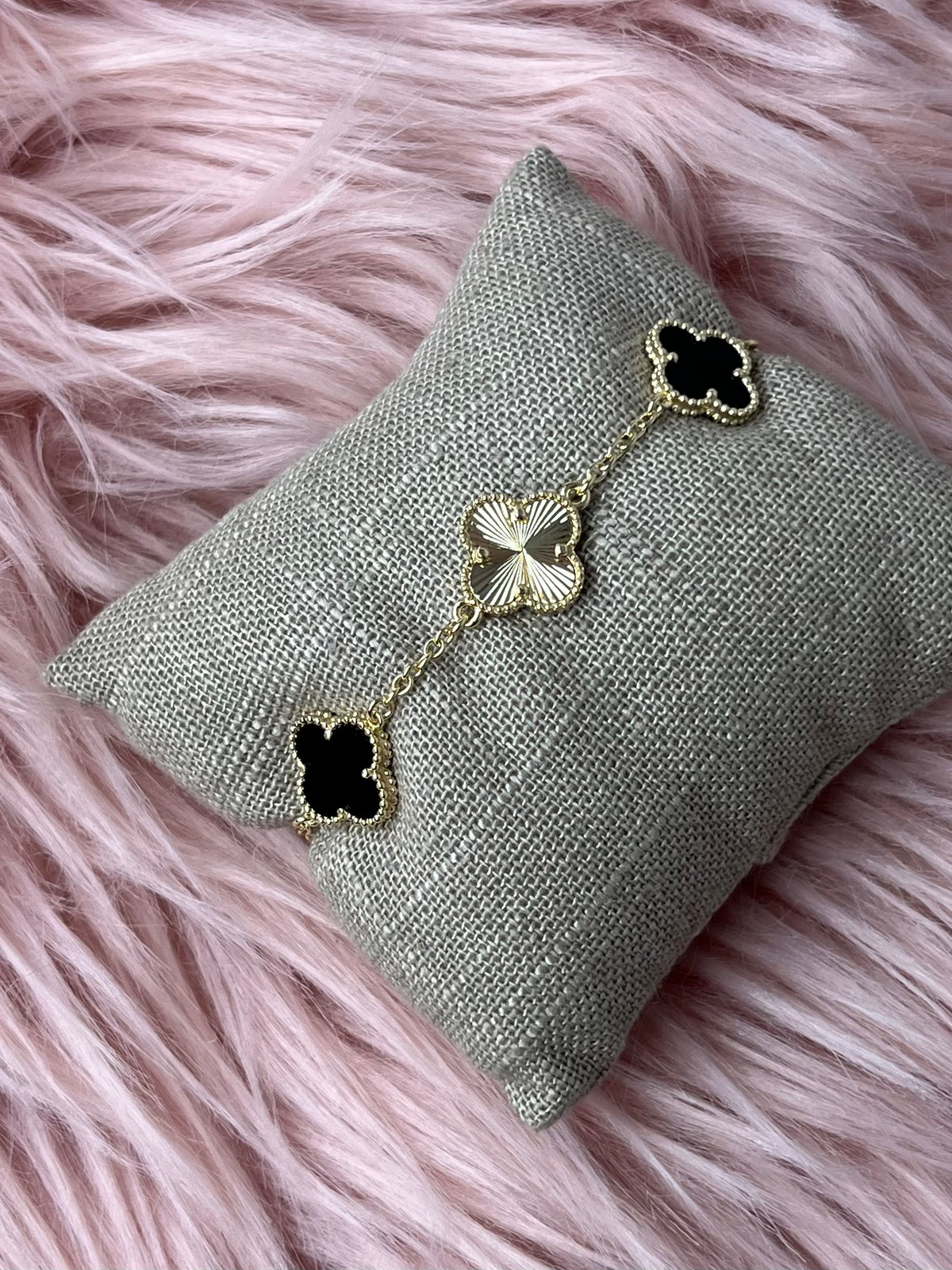 Black Enamel and Gold Clover Bracelet