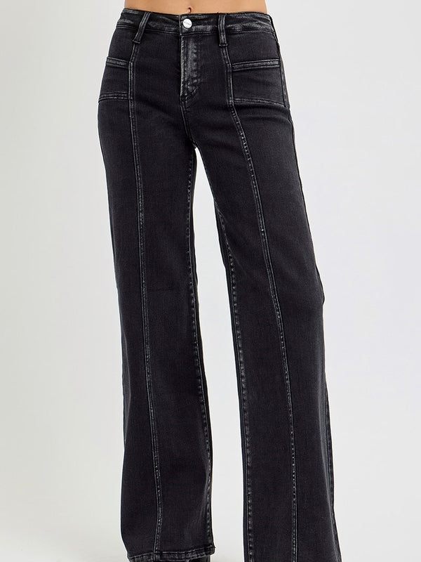 Mid Rise Wide Leg Jeans with Front Patch Pocket