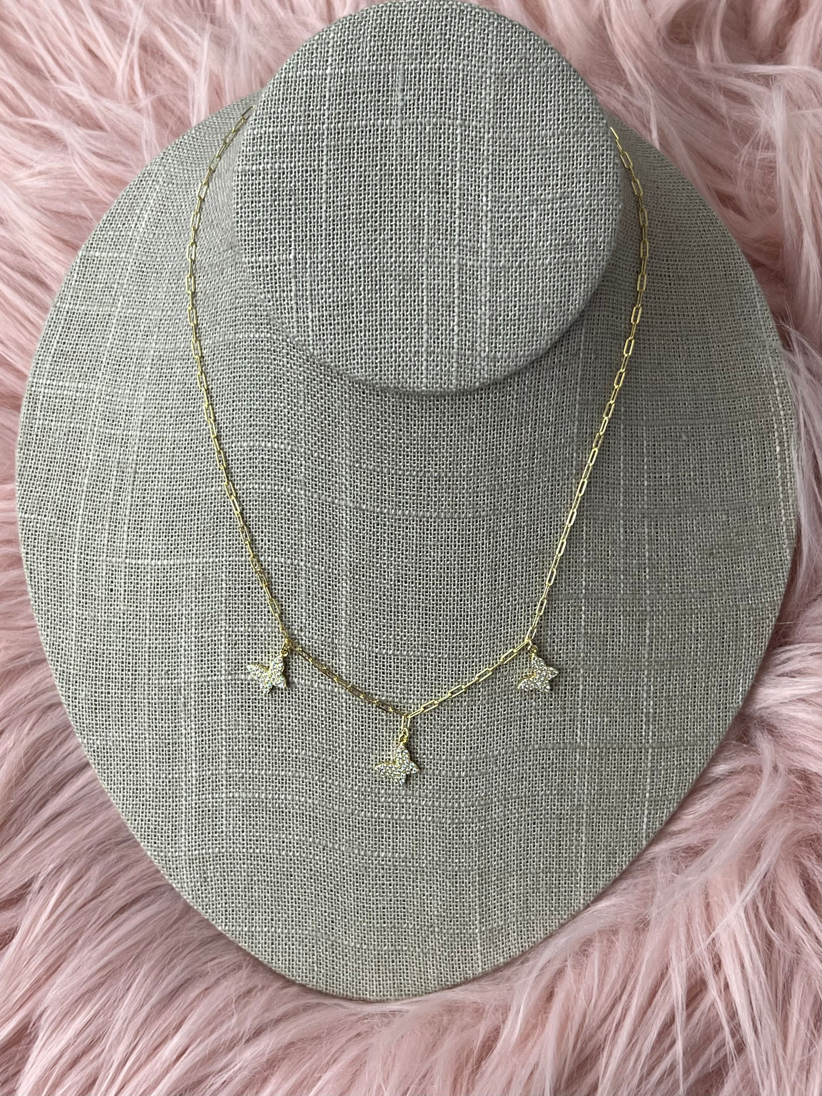 Flutter Trio Dangling CZ Butterfly Necklace