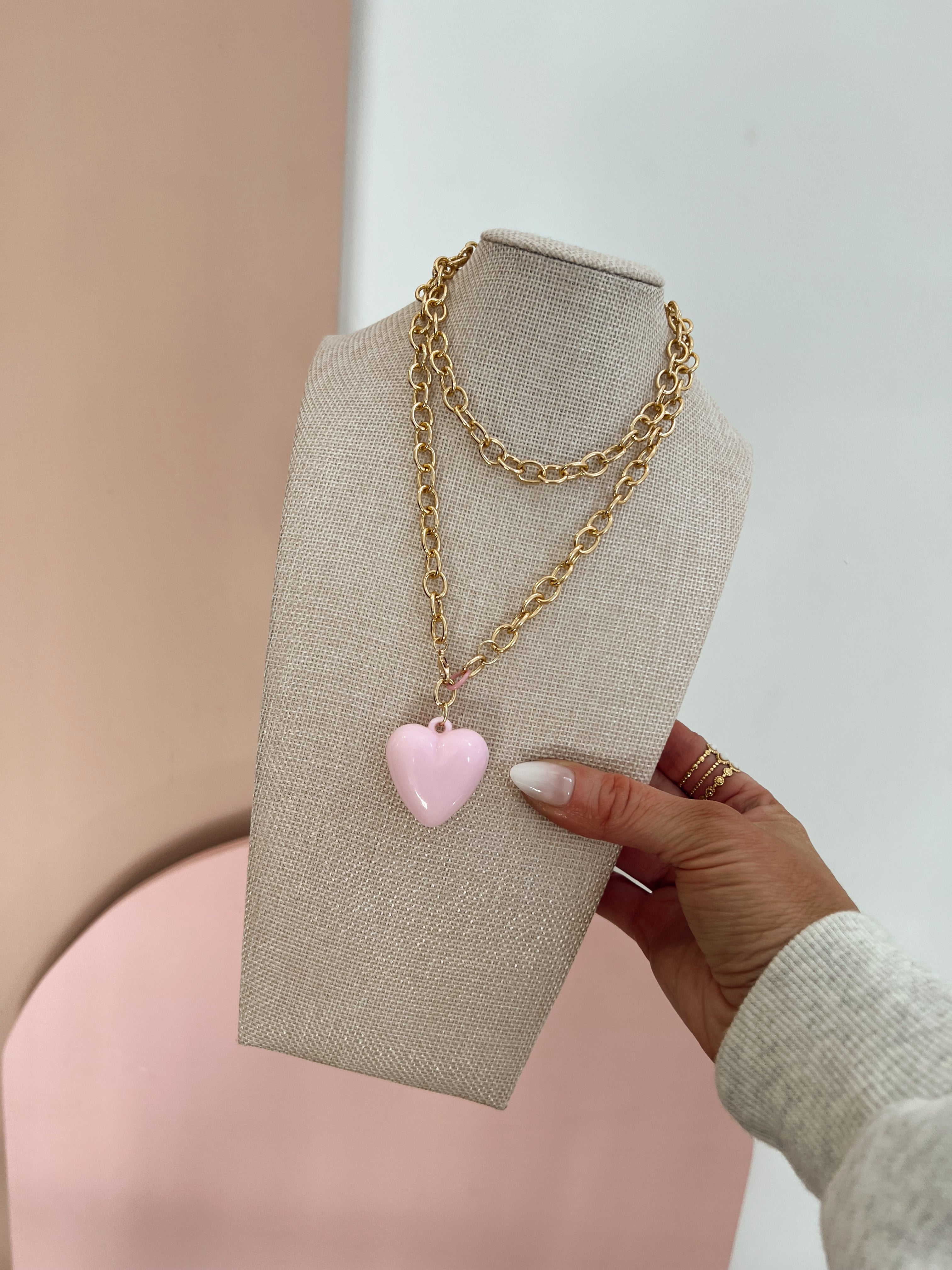 Poppy Pink Long Chunky Heart Necklace