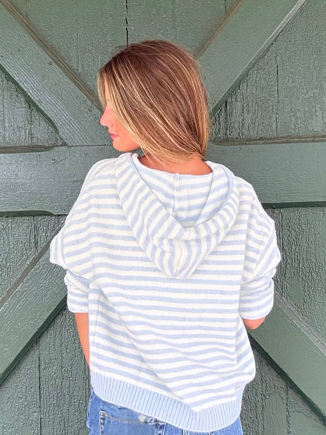 The It Girl Stripe Zip Sweater Hoodie -Baby Blue Stripe
