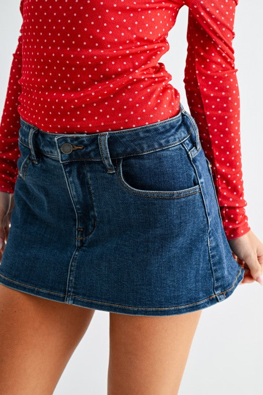 The Classic Denim Skort – Dark Wash Jean Skort with Built-In Shorts