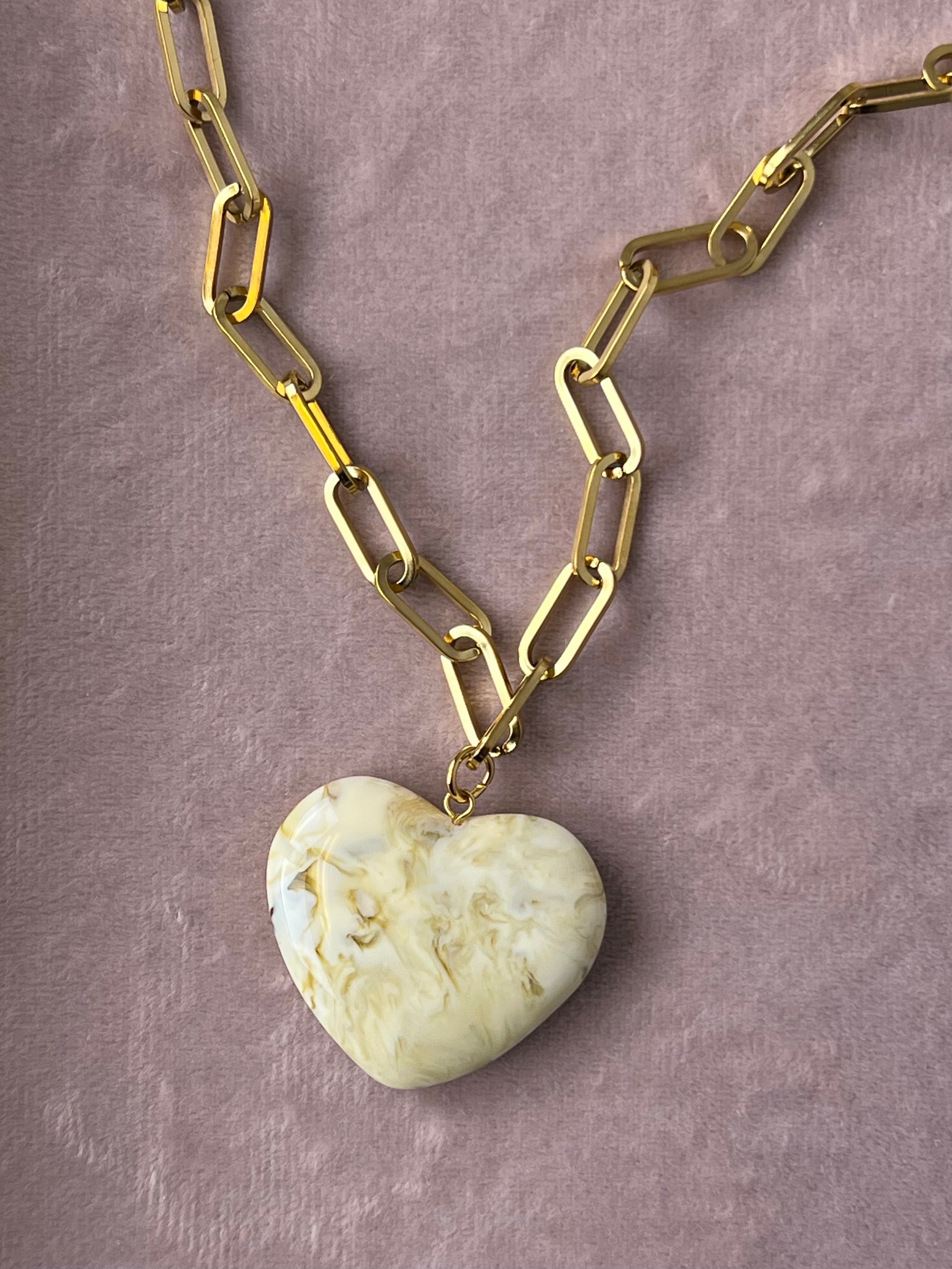 The Melissa Marbled Cream Resin Puff Heart Necklace – Water & Tarnish Resistant
