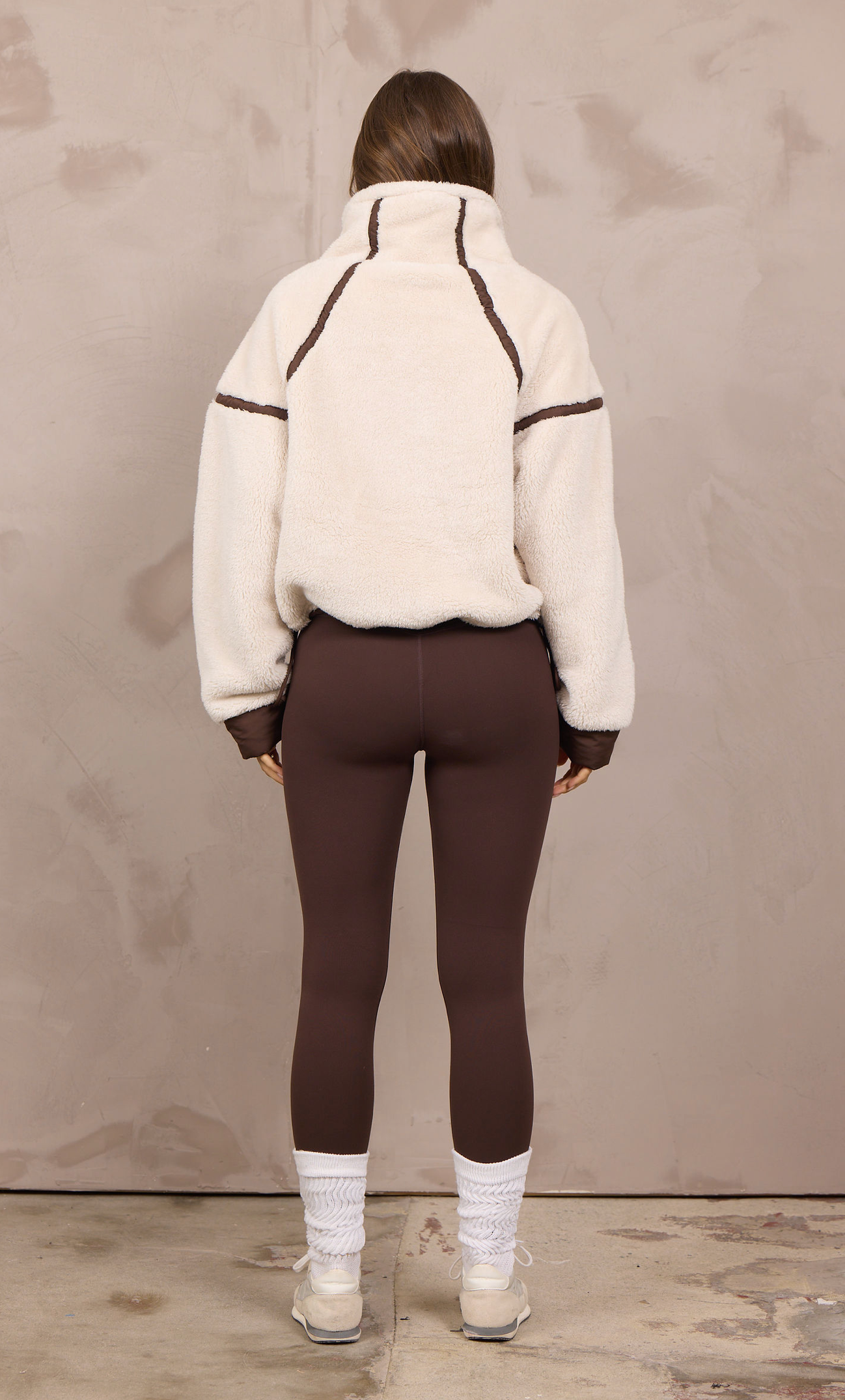 Vintage Havana Light Beige with Brown Sherpa Quarter Zip with Contrast Binding
