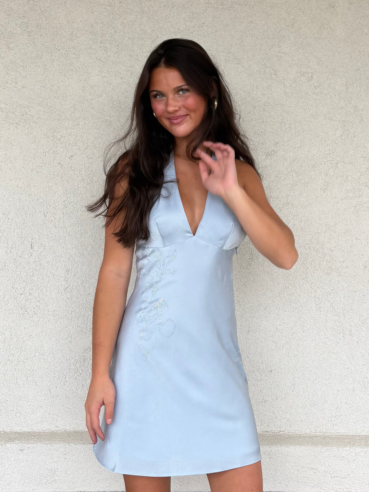 Silky Halter Mini Dress with Crystal Detail