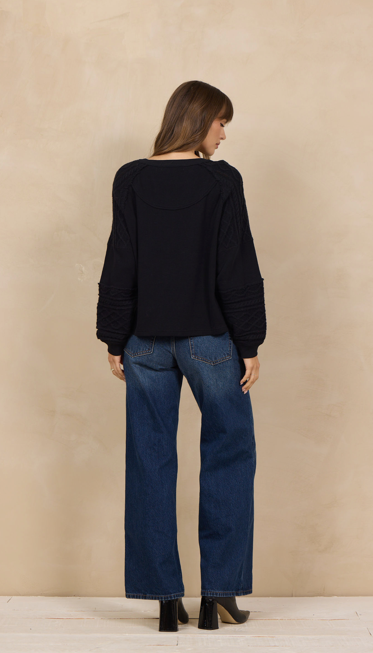 Vintage Havana Black Waffle Cable Knit Henley Top
