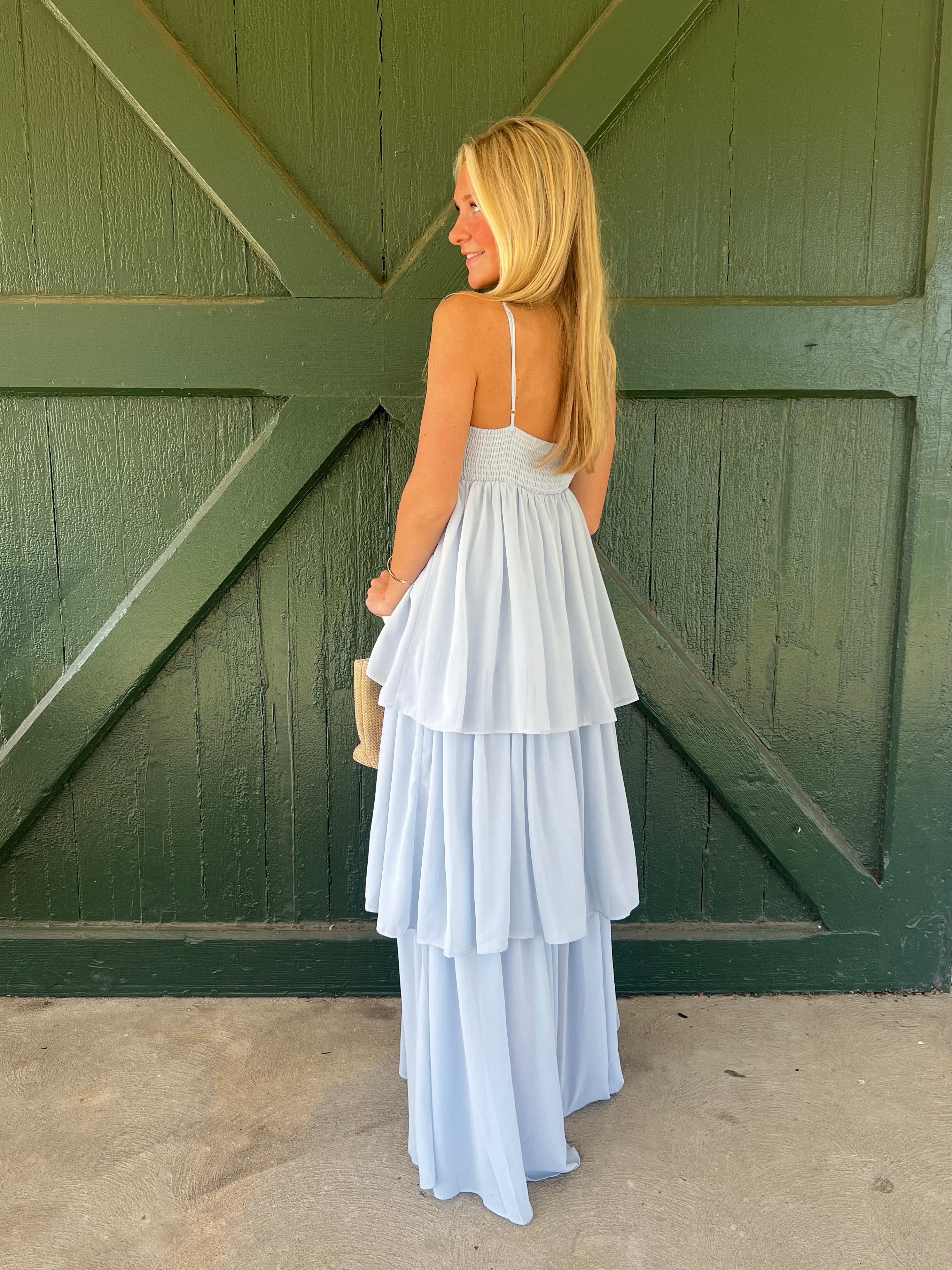 Soria Tiered Maxi Dress by NIA | Elegant Straight Neckline Occasion Dress