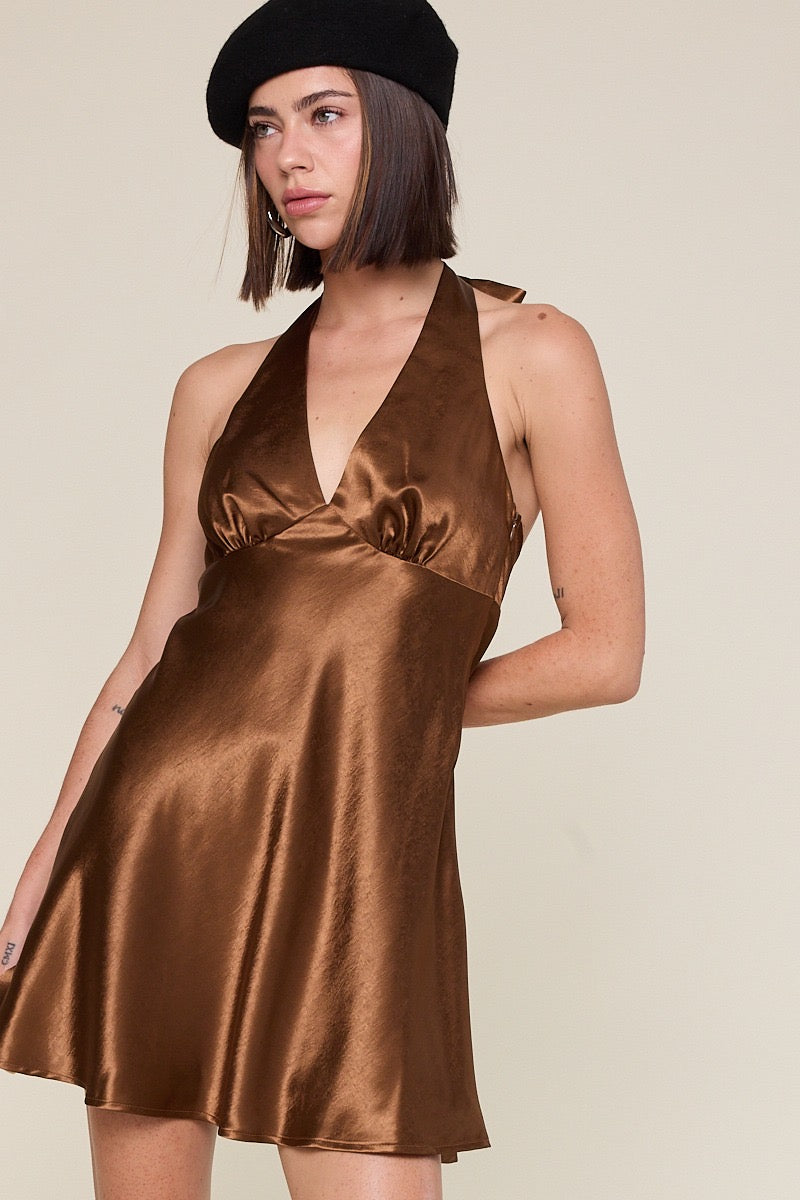 Lydia Caramel Halter Silky Dress
