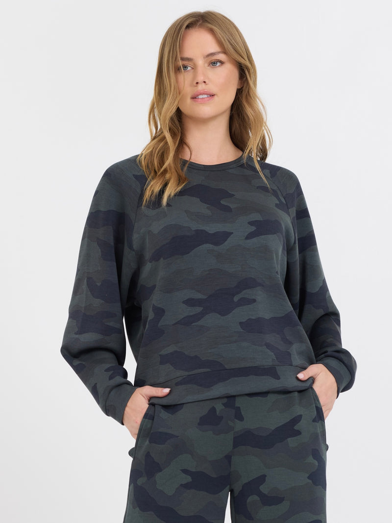 Camo Printed Cloud Fleece Off The Shoulder Top