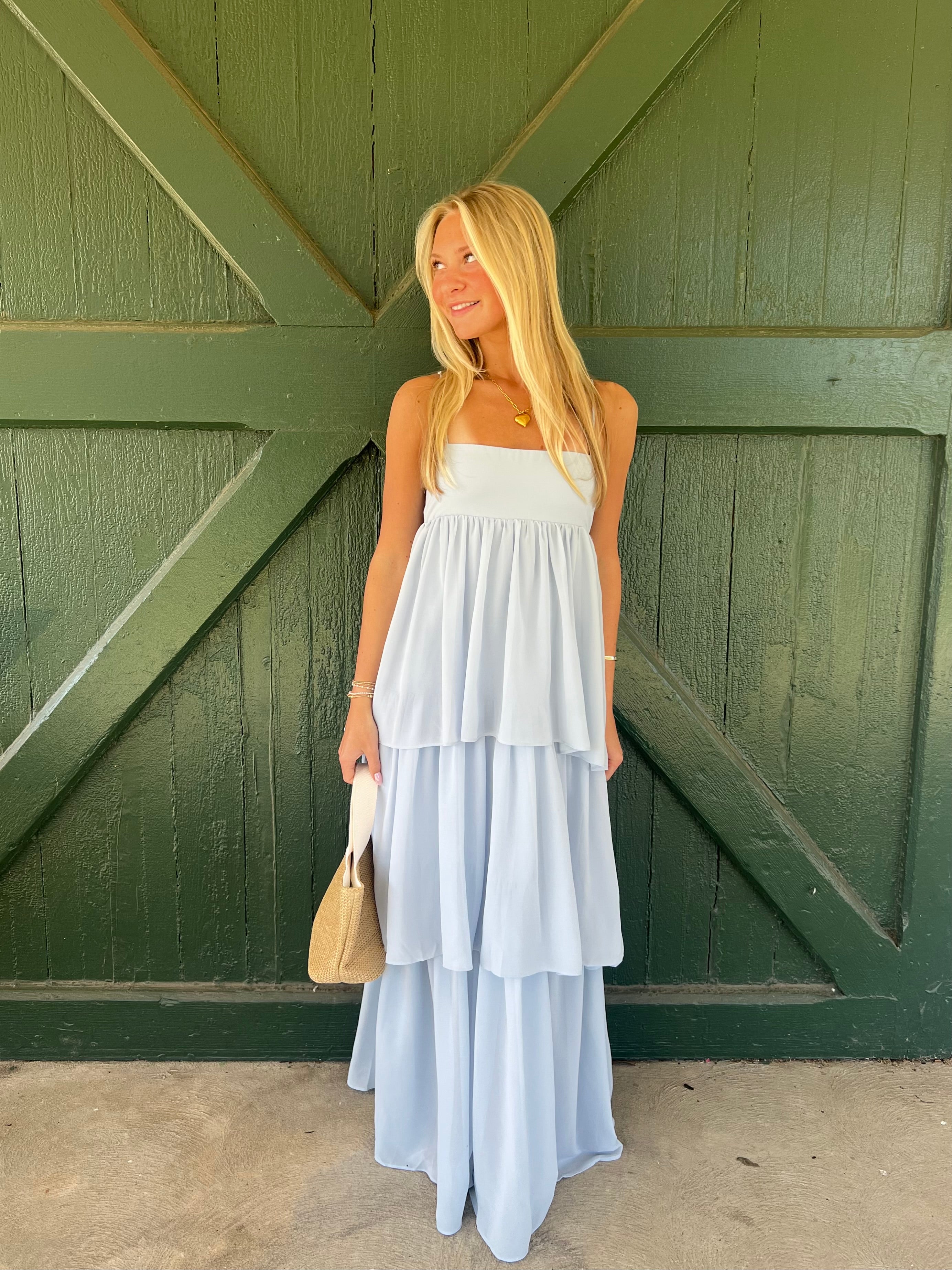 Soria Tiered Maxi Dress by NIA | Elegant Straight Neckline Occasion Dress