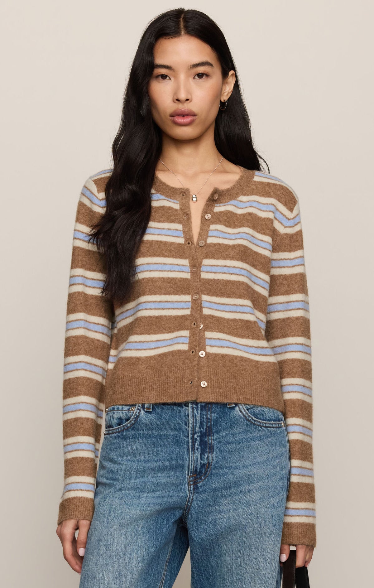 Women’s striped cardigan with button-front, tan, blue, and white horizontal stripes