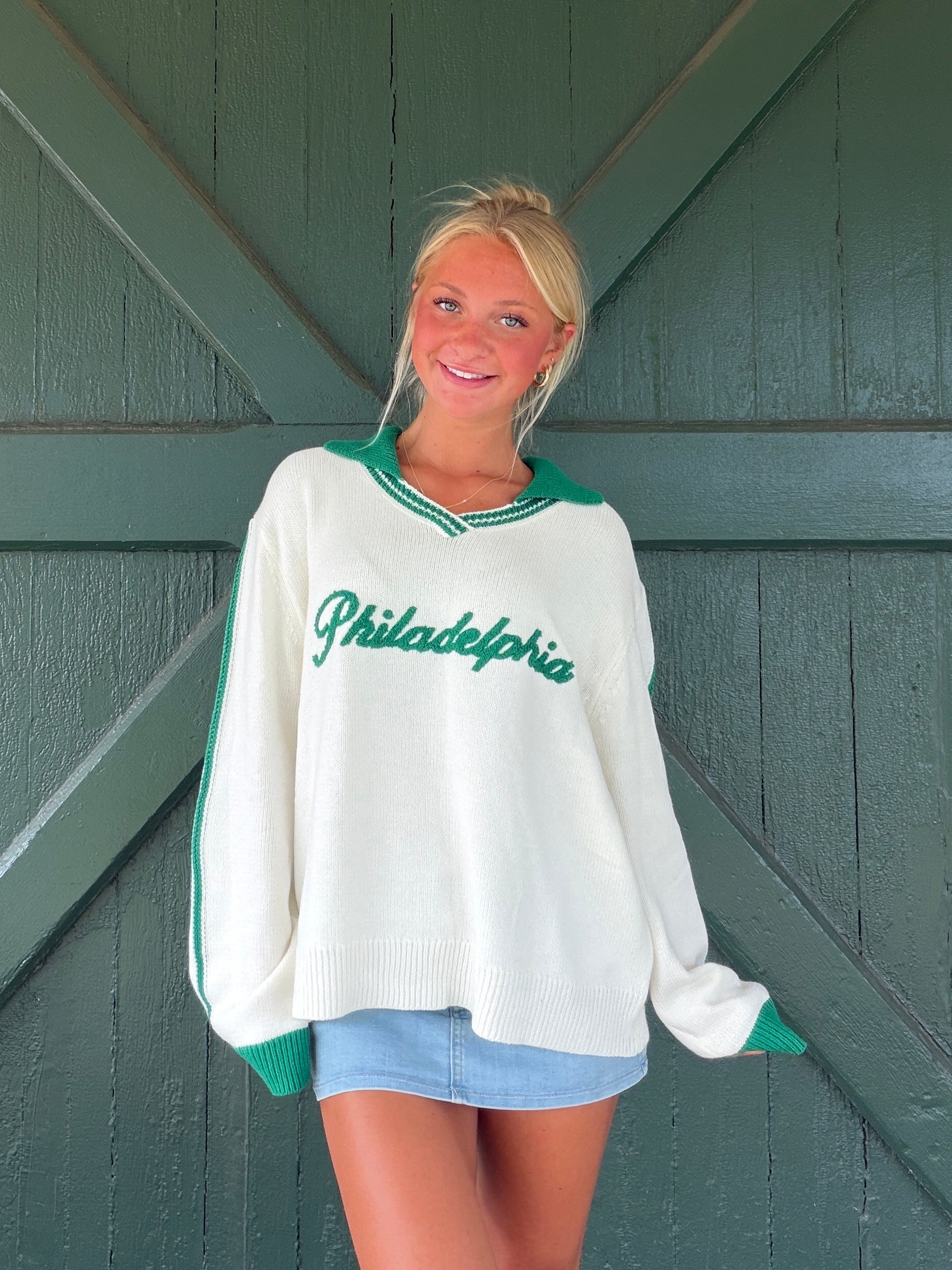 Philadelphia Split Collar Sweater-Green