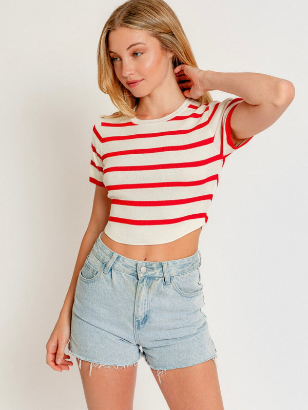 Ellie Cropped White/Red Stripe Knit Top