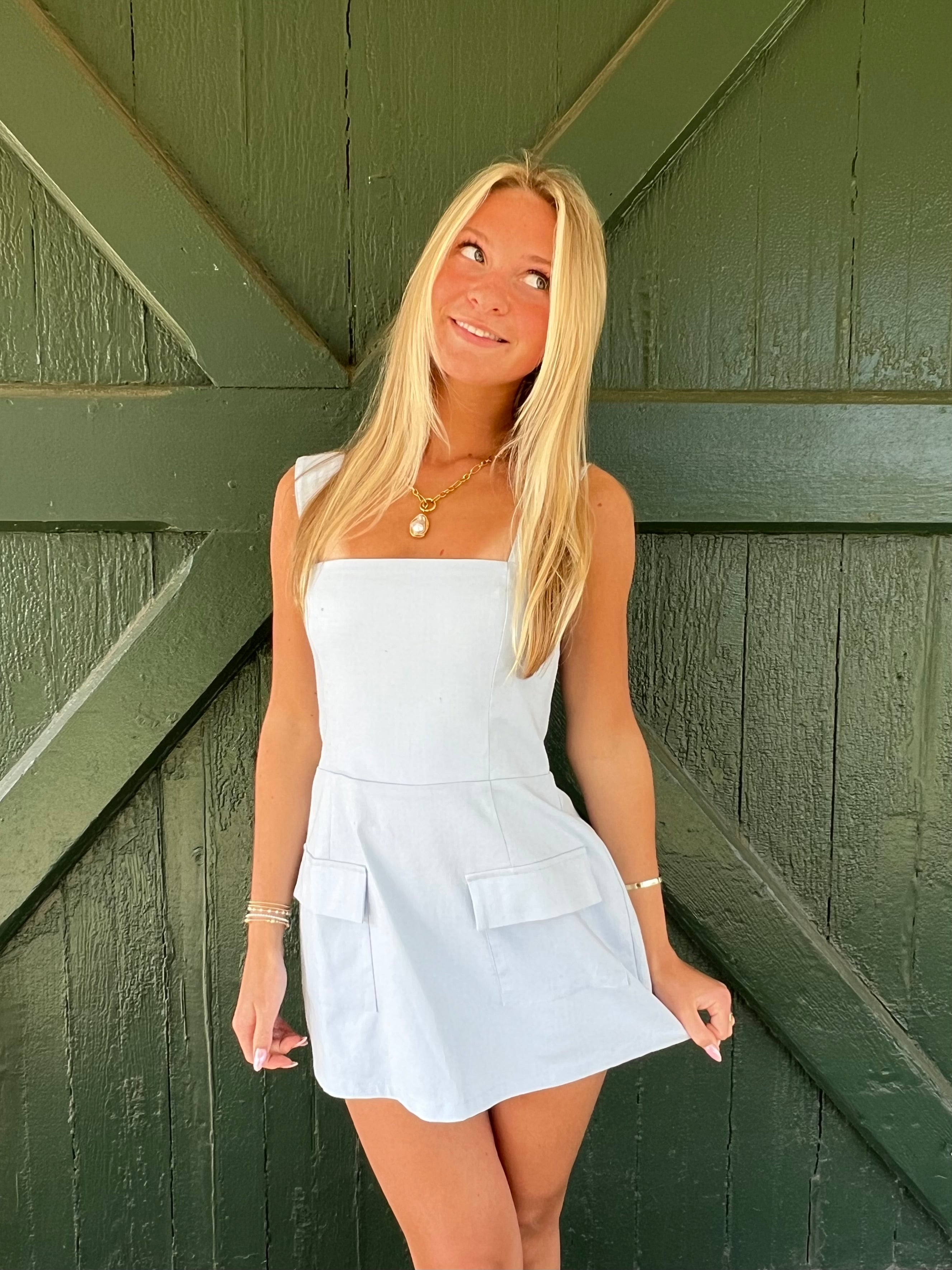 West Village Linen Dress Romper -Baby Blue