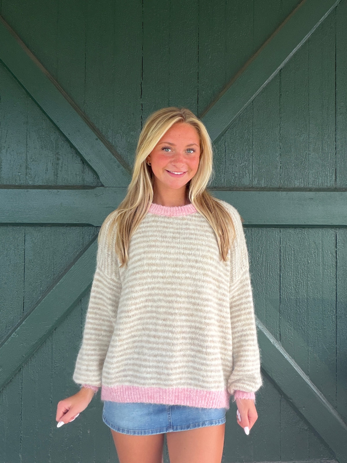 Vintage Havana Ivory Taupe Sweater with Pink Contrast
