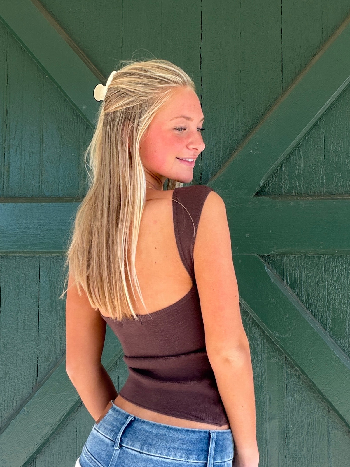 Espresso boat-neck knit tank, sleeveless with open scoop back
