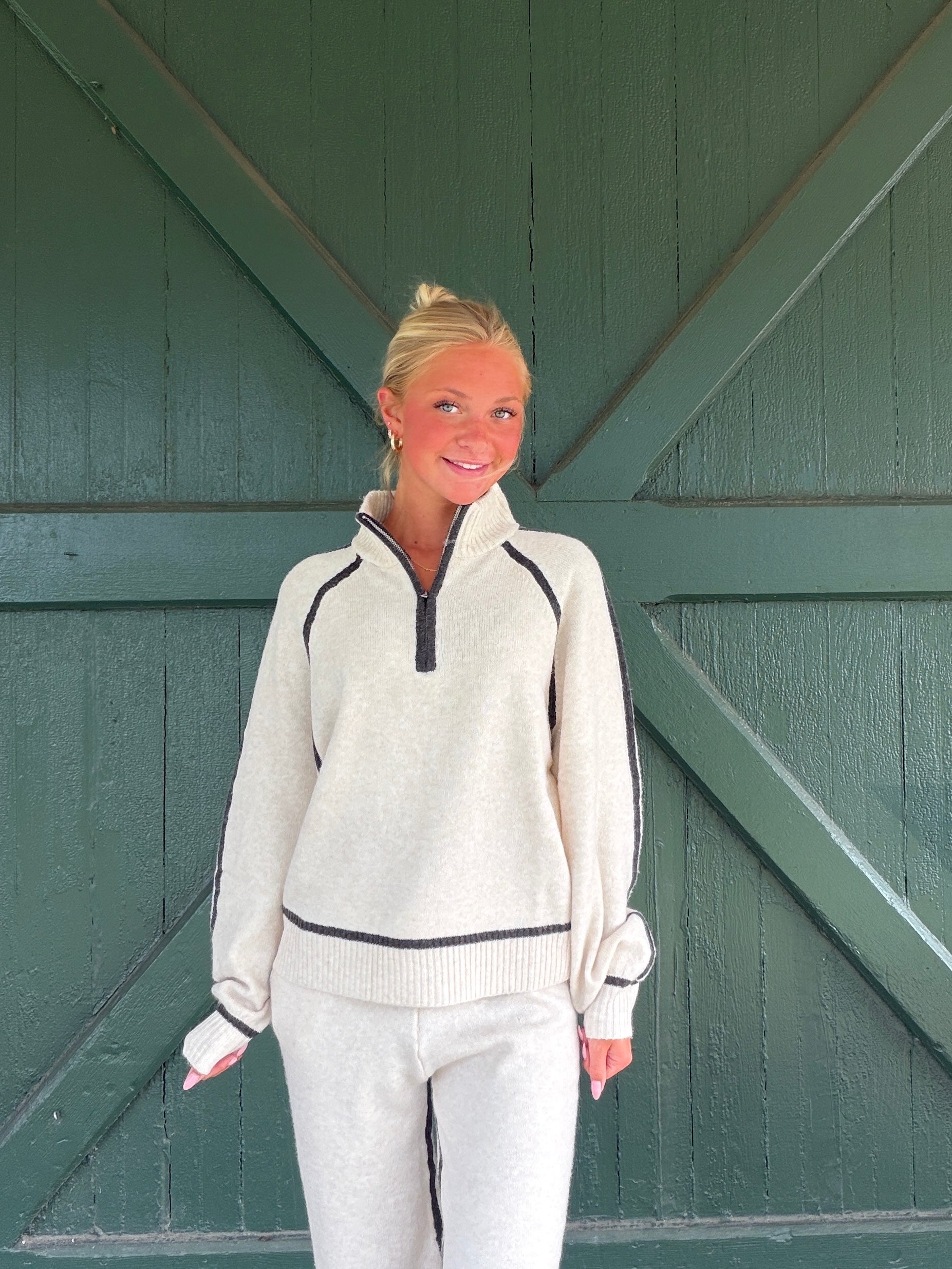Vintage Havana Heathered Cream Knit Quarter Zip with Contrast