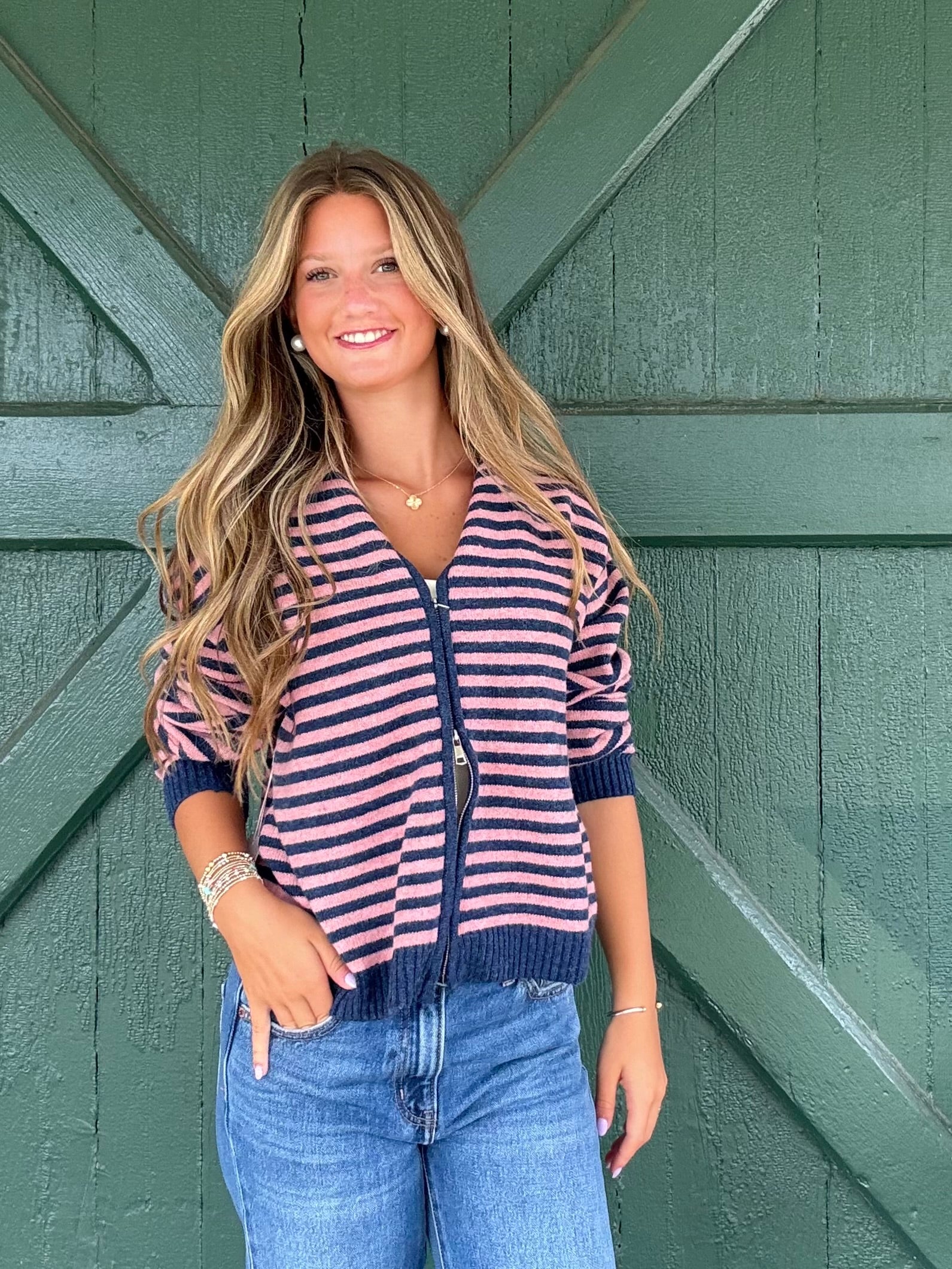 The It Girl Stripe Zip Sweater Hoodie -Denim/Pink