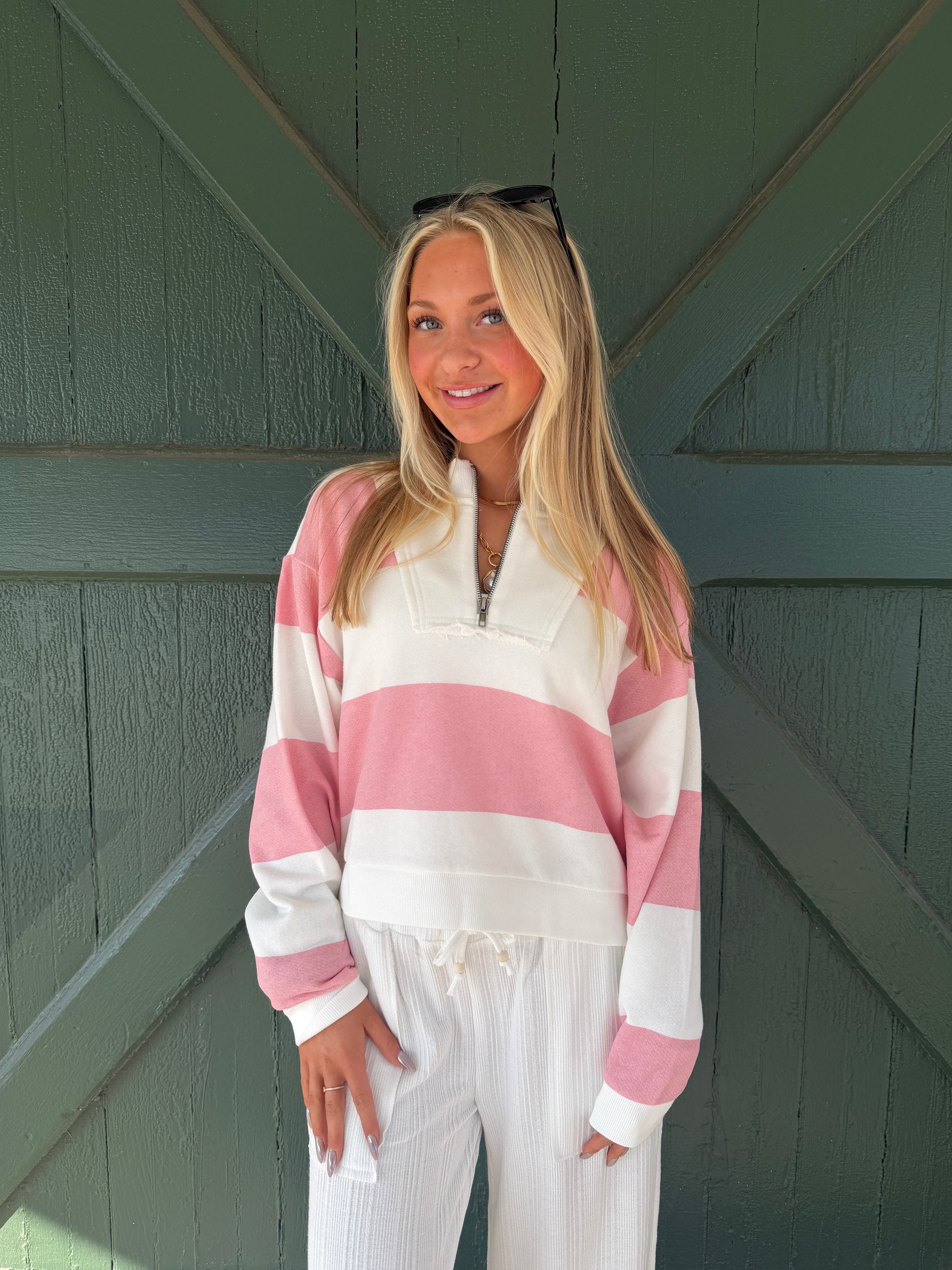 Vintage Havana Sorbet Pink Striped French Terry Half Zip