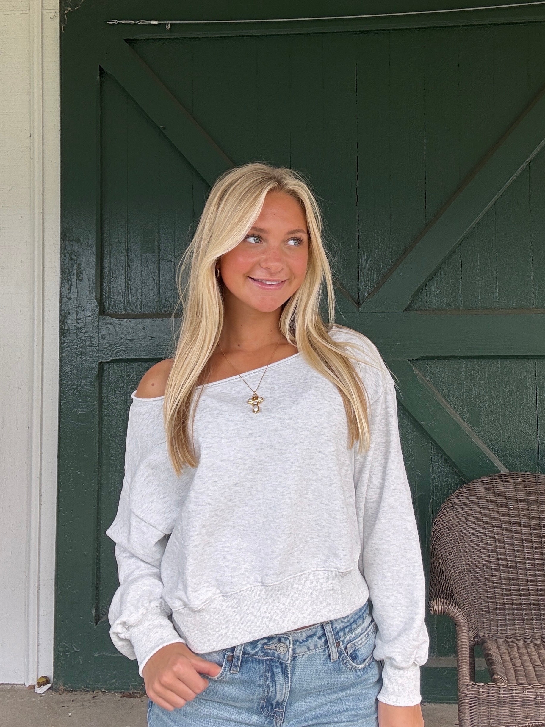 Everything White Melange Off The Shoulder Sweatshirt