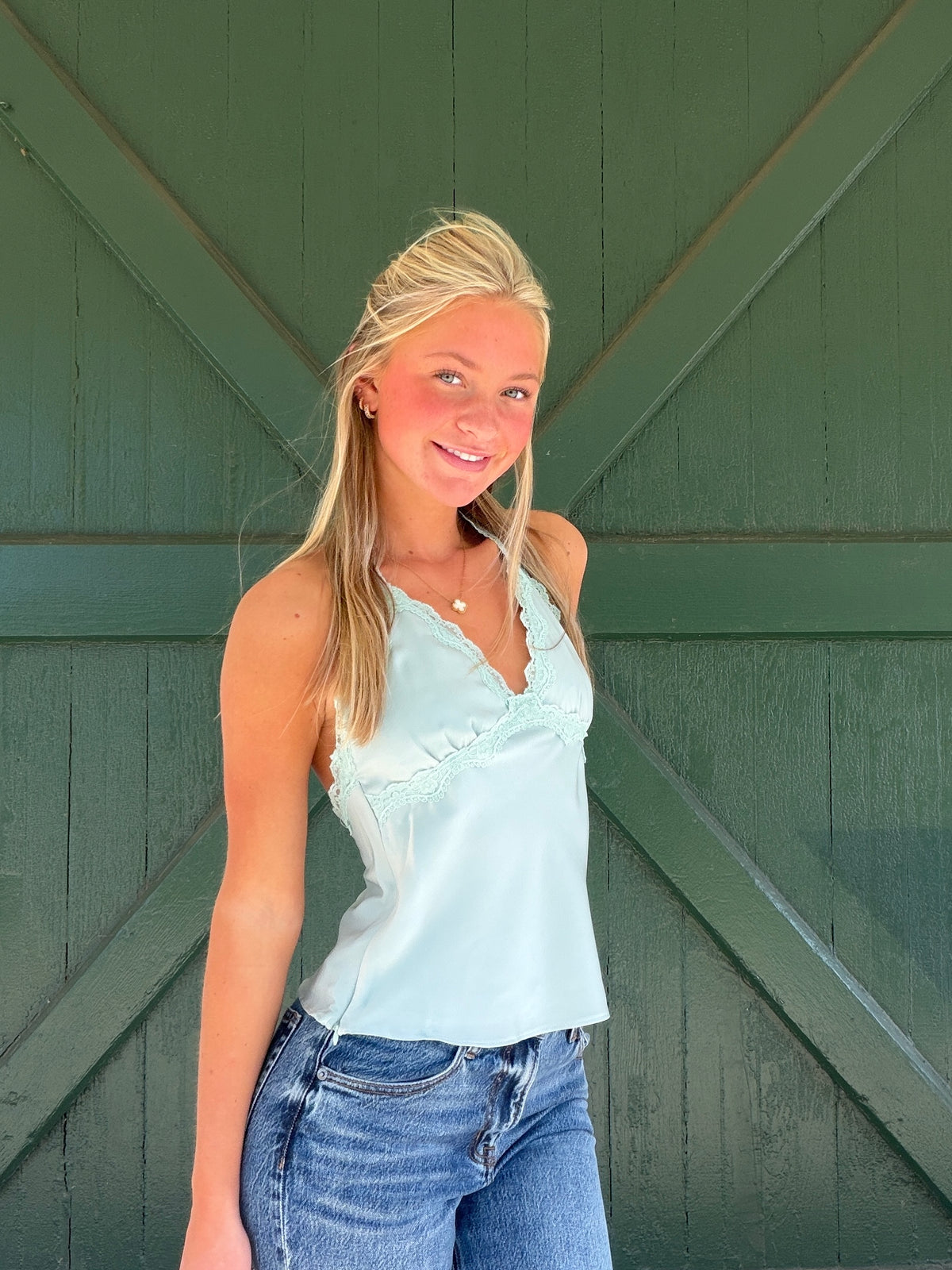 Light sage lace-trim halter crop top with scalloped neckline