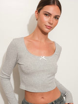 Madison Heather Grey Scoop Neck Bow Detail Long Sleeve Top