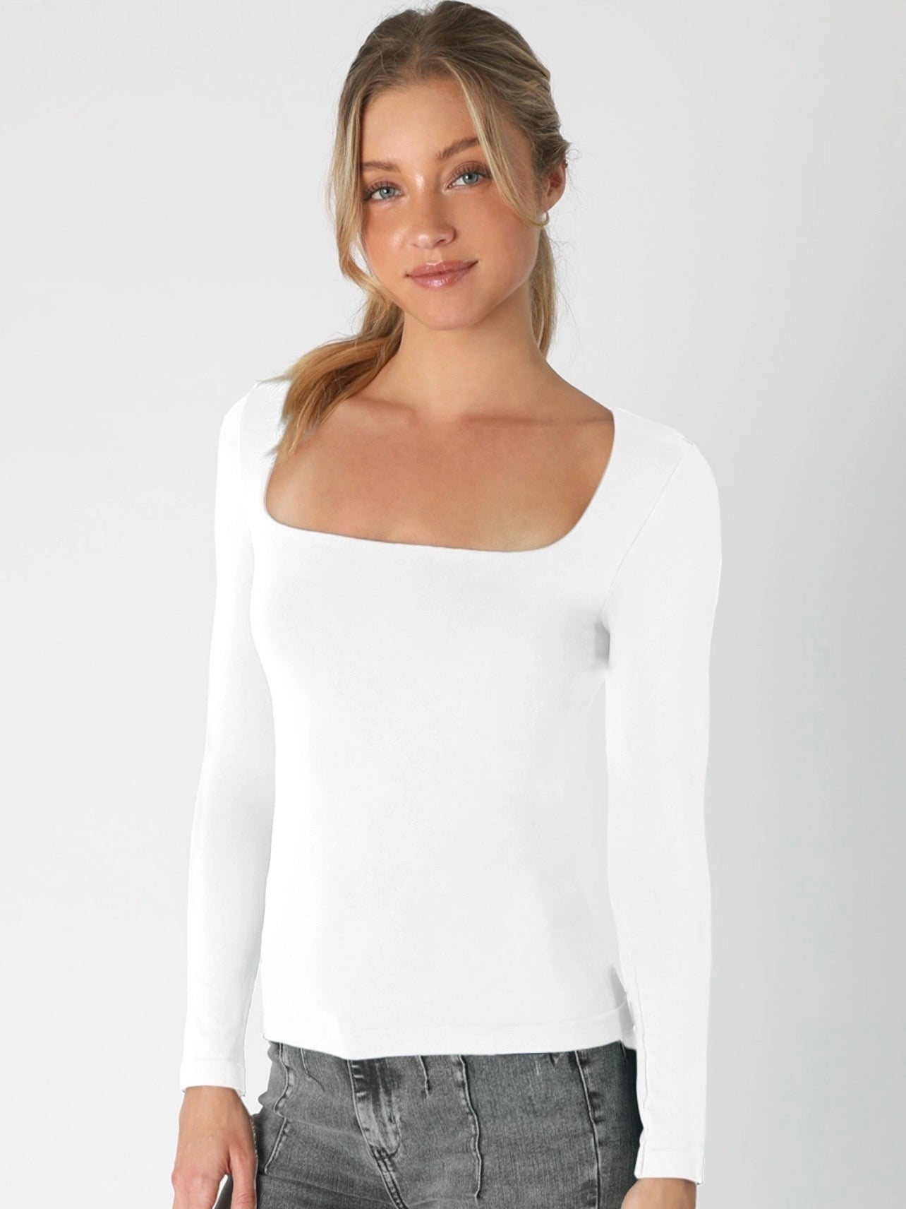 Parker White Clean Line Square Neck LS Top