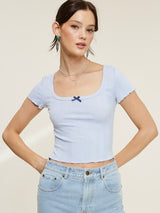 Penelope Baby Blue  Short Sleeve Pointelle Bow Top