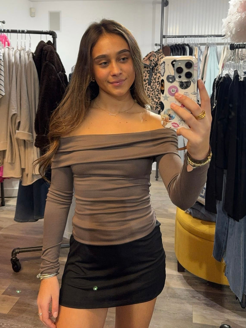 Kelsey Mocha Off the Shoulder Top