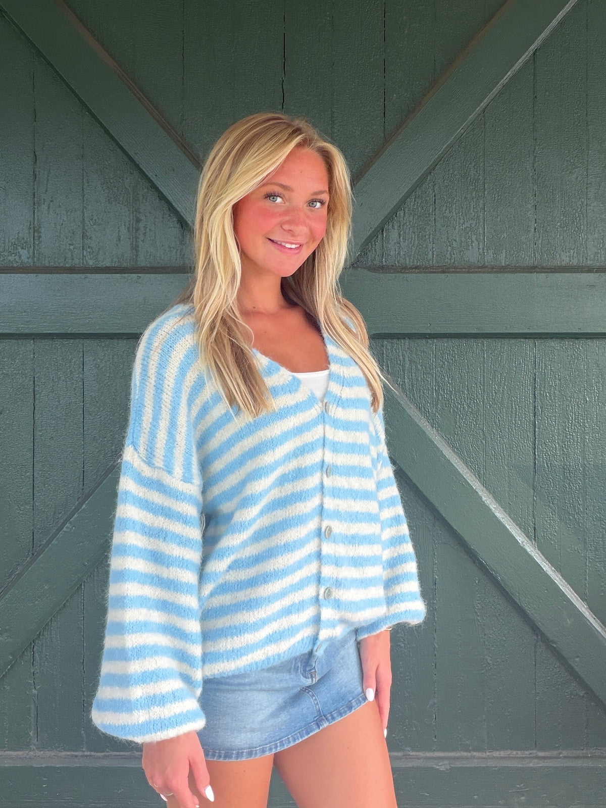 Vintage Havana Ivory with Baby Blue Cropped Cardigan