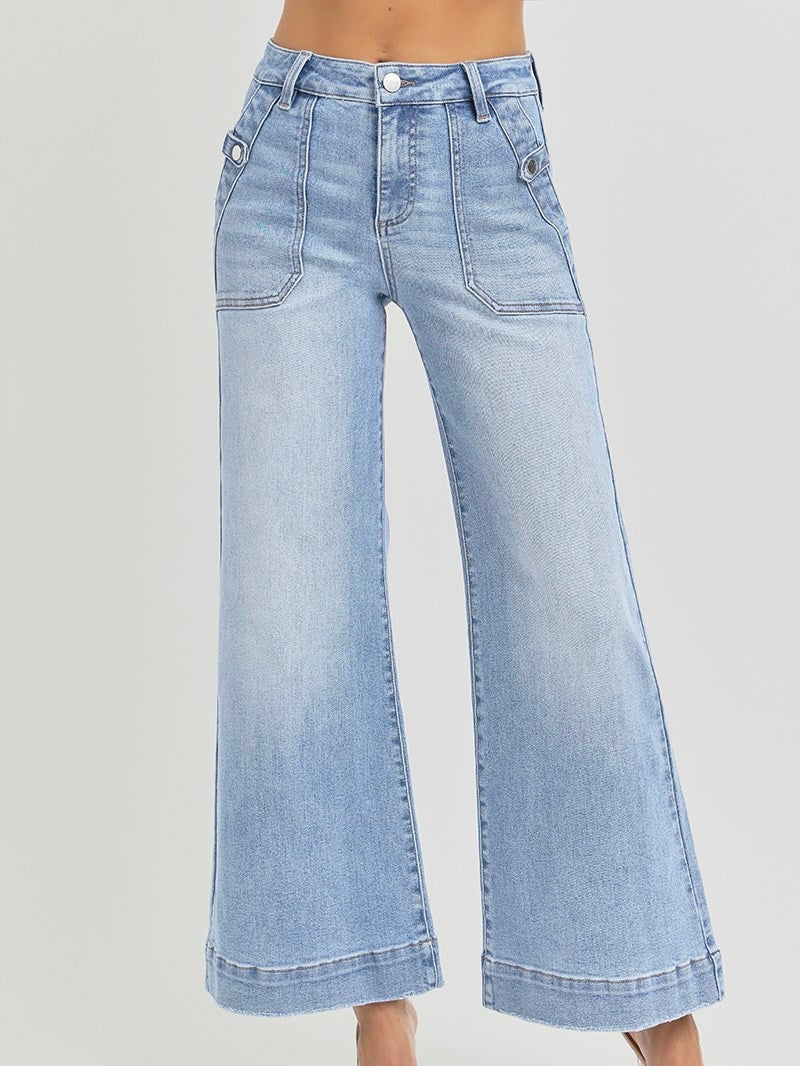 High Rise Light Wash Ankle Wide Leg  Patch Pocket Detail Jeans