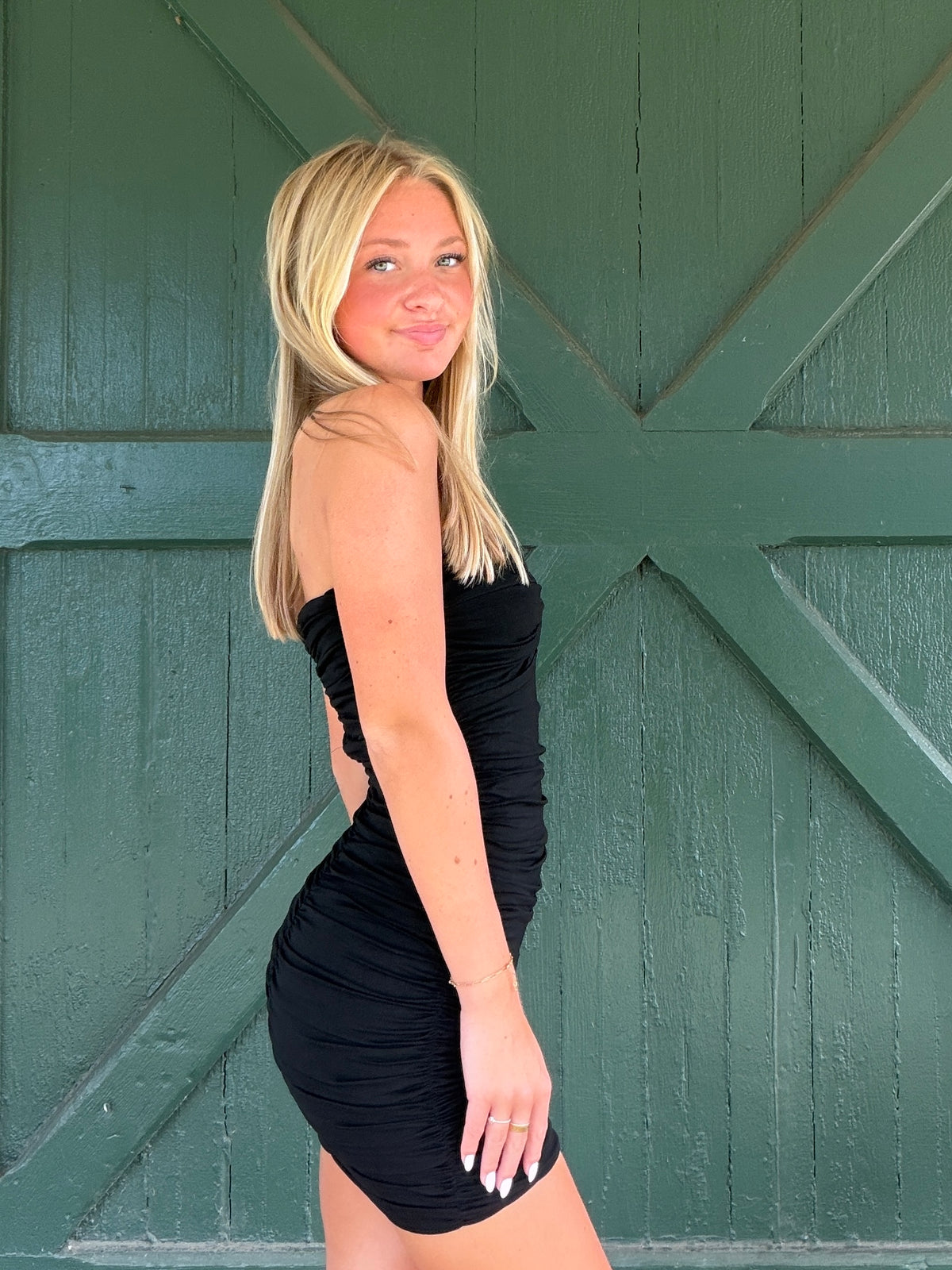 Gia Ruched Strapless Mini Dress