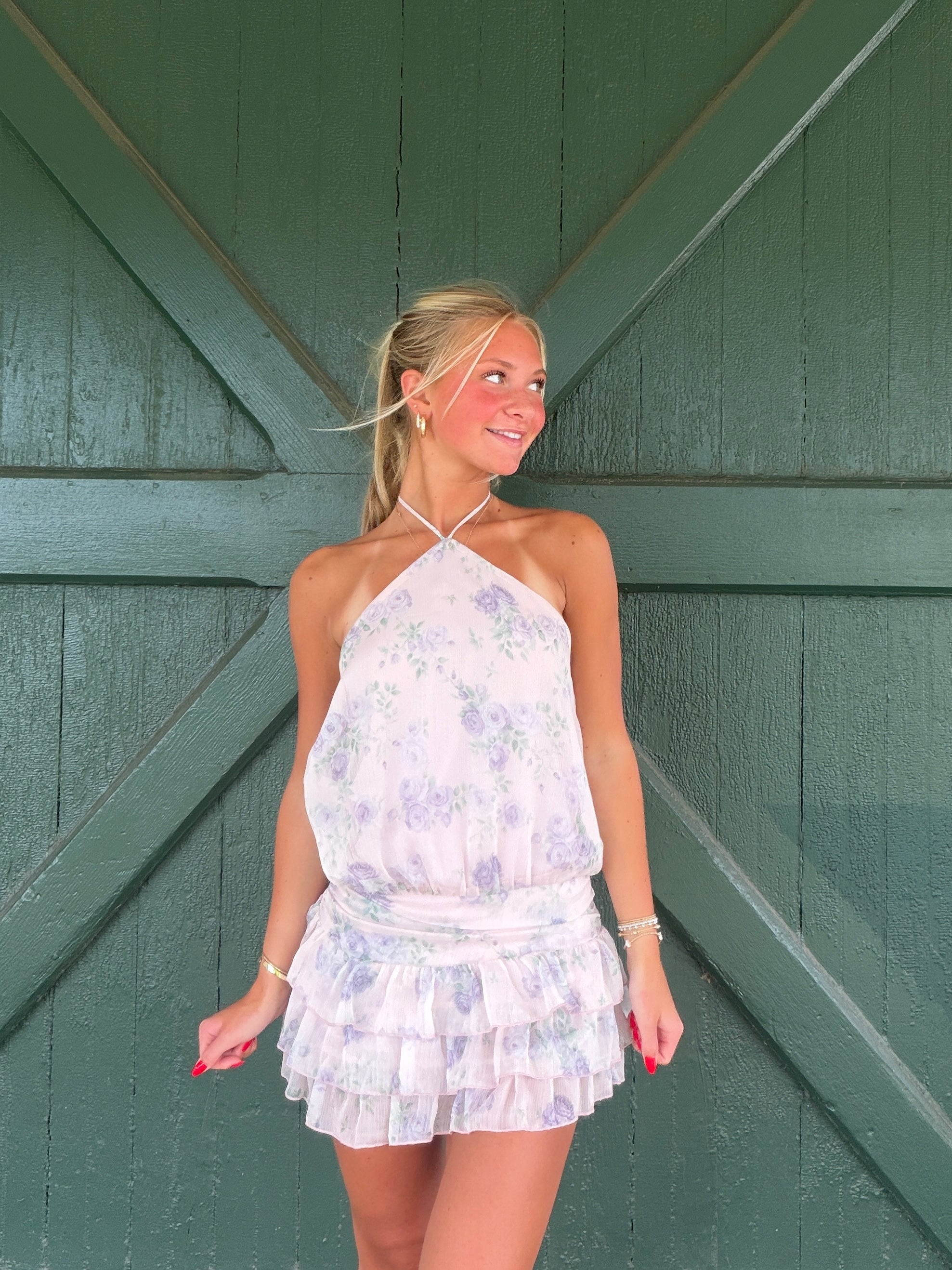 The Bella Halter Floral Mini Romper Dress - Petal Pink
