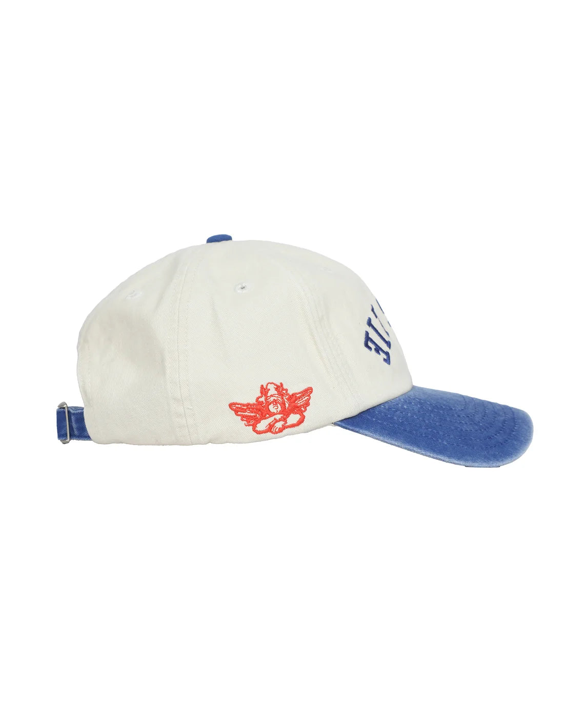 Boys Lie dad hat in cream with navy brim, red and blue embroidered logo on front